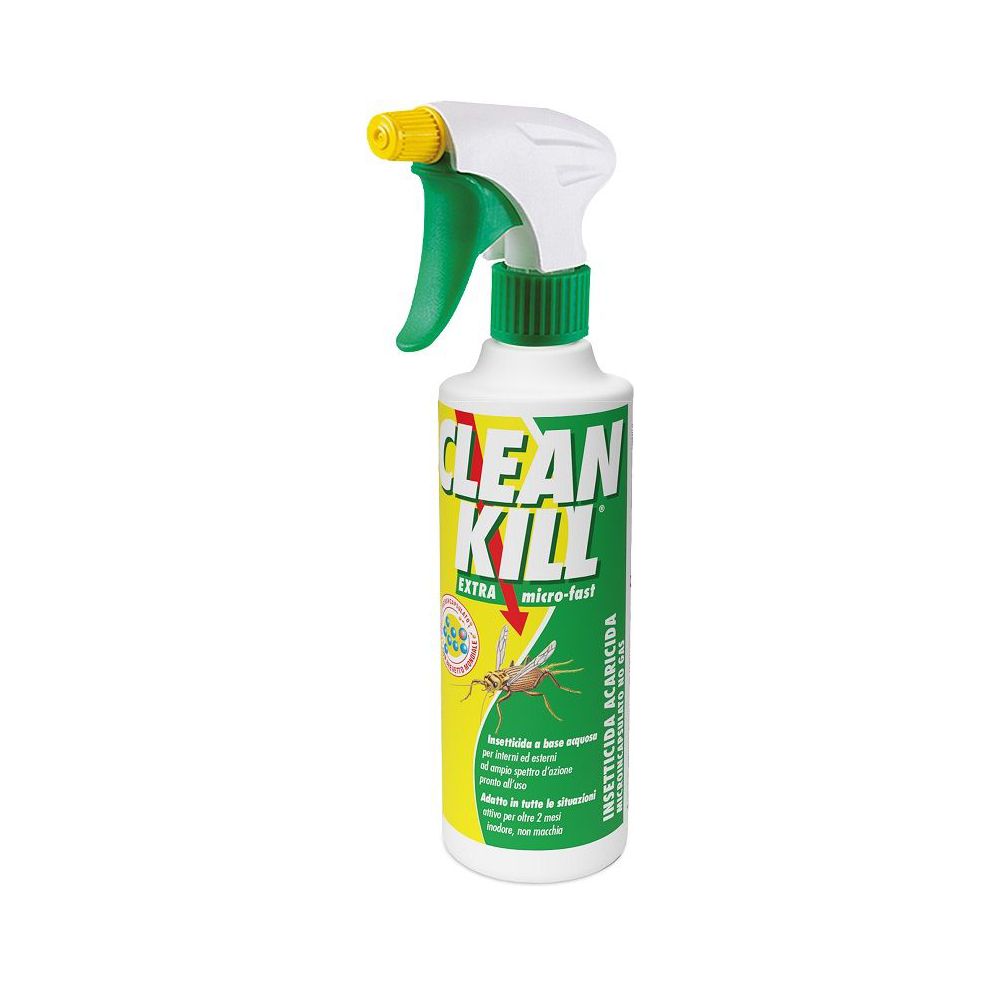 Weiß-grüne Sprühflasche mit gelbem Sprühkopf. Aufschrift CLEAN KILL EXTRA micro-fast. Abbildung eines Insekts.