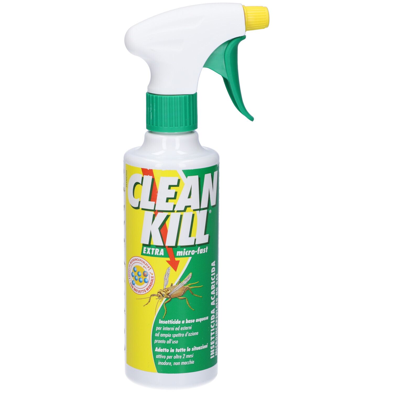 Weiß-grüne Sprühflasche mit gelbem Sprühkopf. Aufschrift CLEAN KILL EXTRA micro-fast. Abbildung eines Insekts.