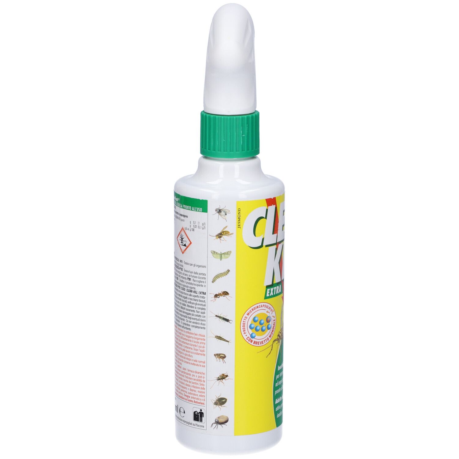 Weiße Flasche mit grünem Verschluss. Aufschrift CLEAN KILL EXTRA. Rückseite mit Text und Insektenabbildungen.