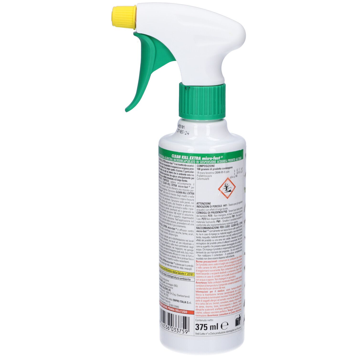 Weiße Flasche mit grünem Verschluss. Aufschrift CLEAN KILL EXTRA. Rückseite mit Text und Volumenangabe 375 ml.