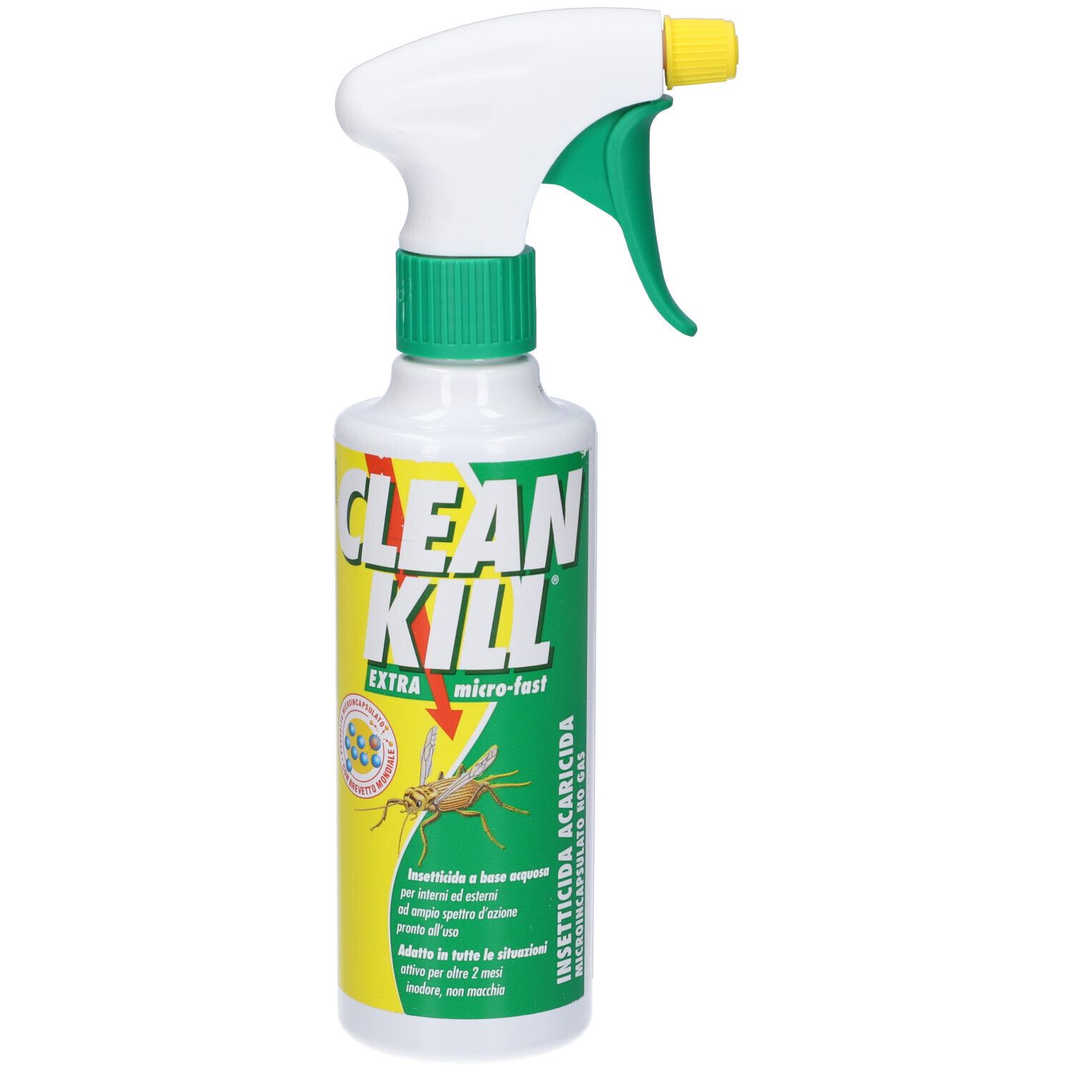 Weiß-grüne Sprühflasche mit gelbem Sprühkopf. Aufschrift CLEAN KILL EXTRA micro-fast. Abbildung eines Insekts.