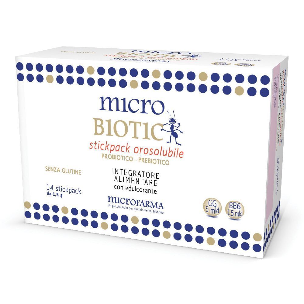 Scatola bianca con logo "microBIOTIC". Contiene 14 stickpack. Scritte: "Probiotico - Prebiotico", "Senza glutine".