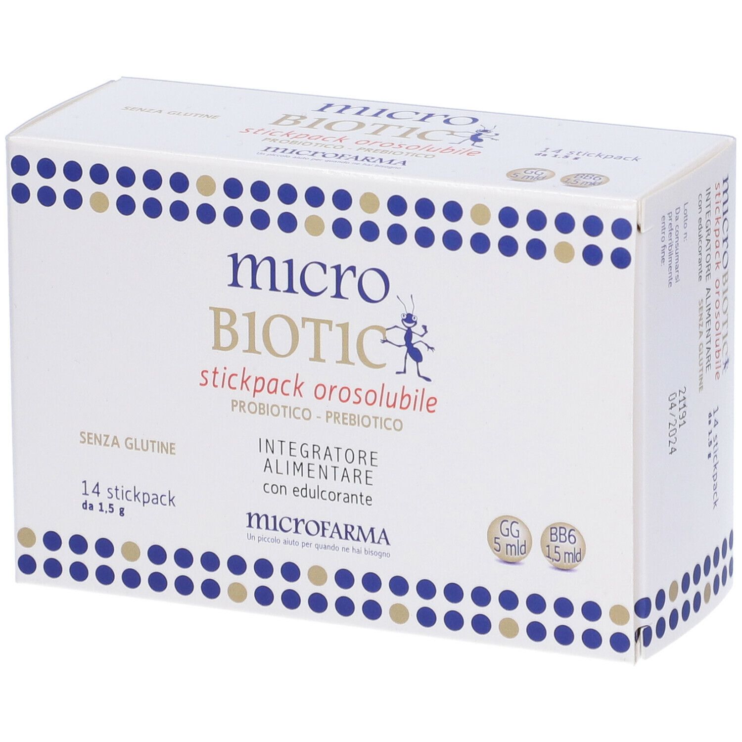 Scatola bianca con logo "microBIOTIC". Contiene 14 stickpack. Scritte: "Probiotico - Prebiotico", "Senza glutine".