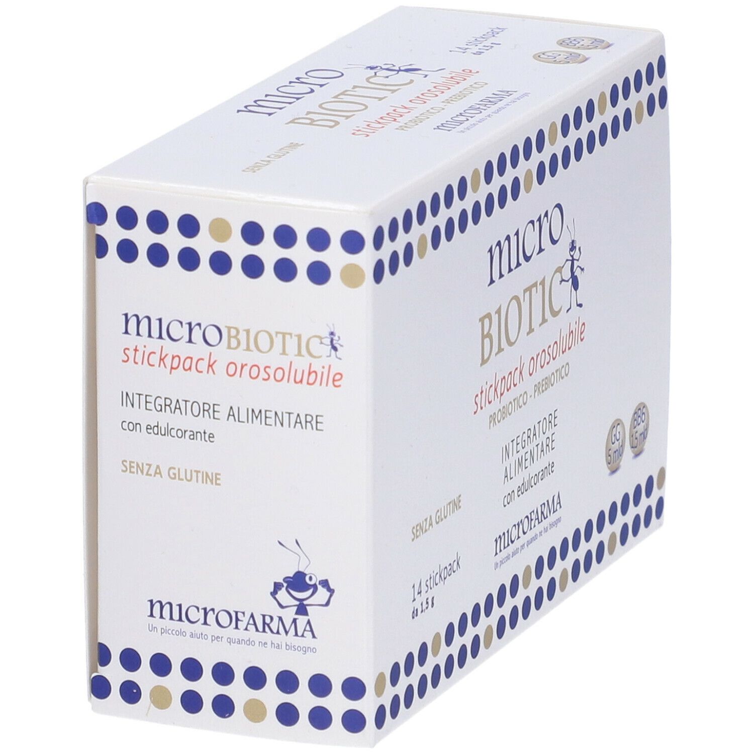 Scatola bianca con logo "microBIOTIC". Contiene 14 stickpack. Scritte: "Probiotico - Prebiotico", "Senza glutine".