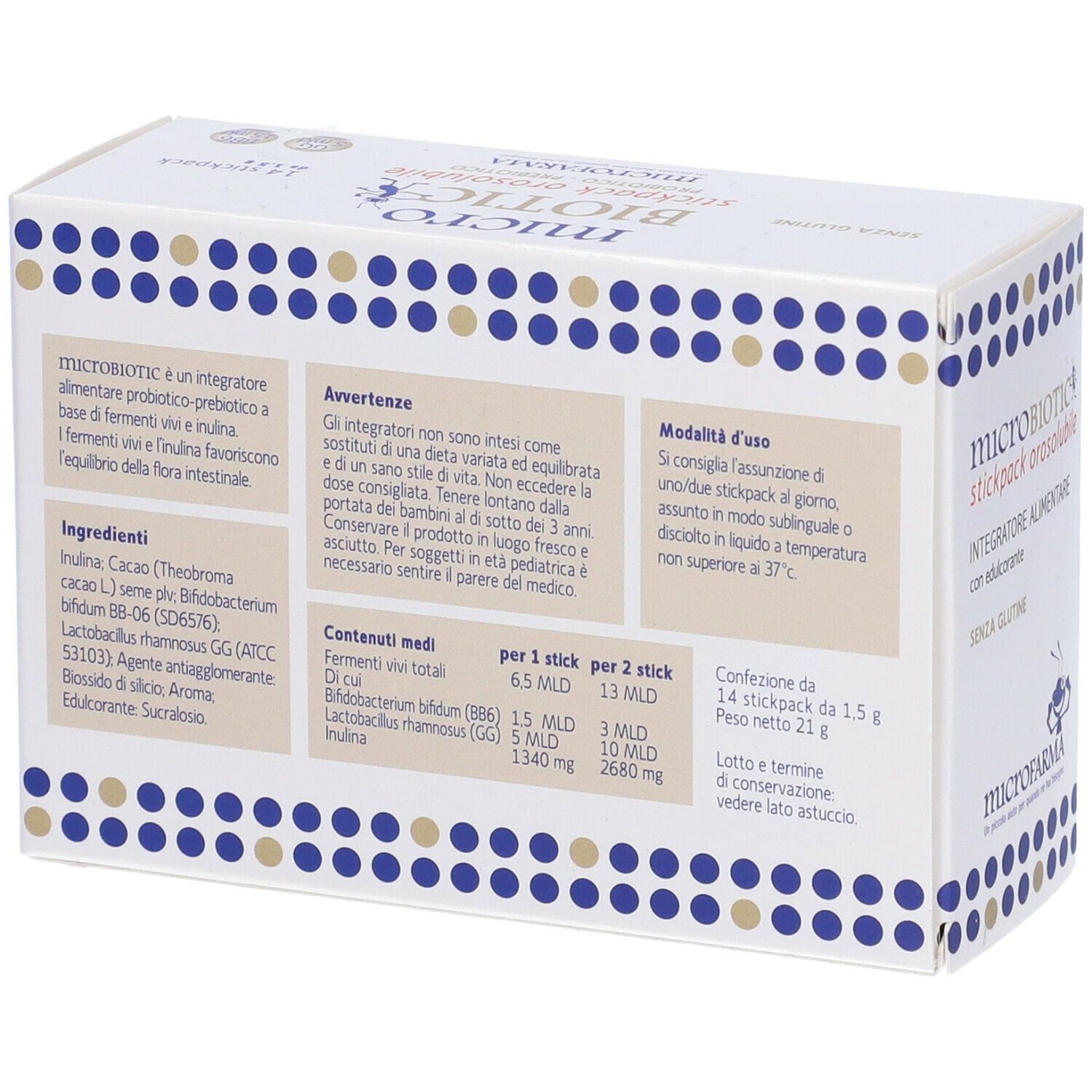 Retro della scatola bianca. Testo con ingredienti, istruzioni per l'uso e informazioni nutrizionali. Logo "microBIOTIC".