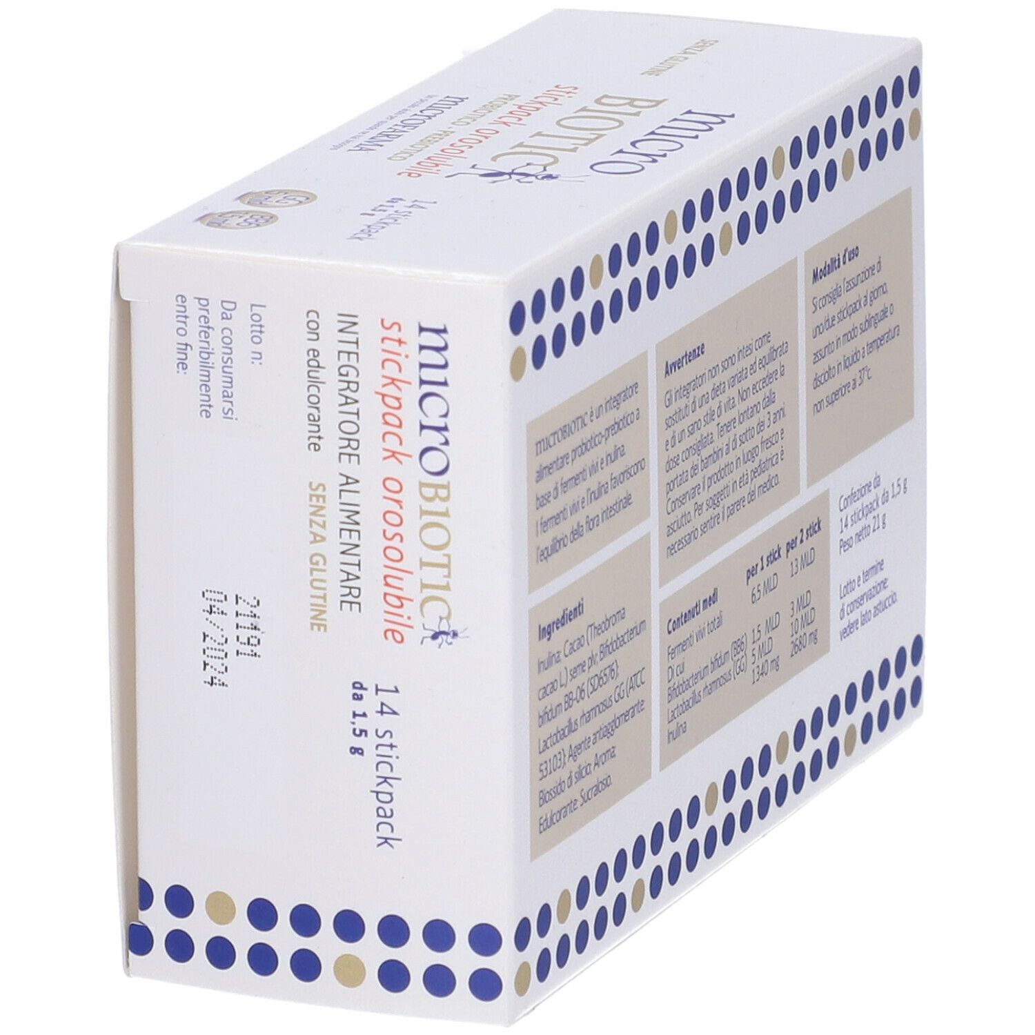 Retro della scatola bianca. Testo con ingredienti, istruzioni per l'uso e informazioni nutrizionali. Logo "microBIOTIC".