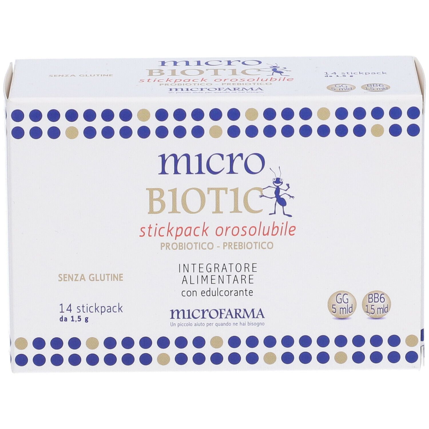 Scatola bianca con logo "microBIOTIC". Contiene 14 stickpack. Scritte: "Probiotico - Prebiotico", "Senza glutine".