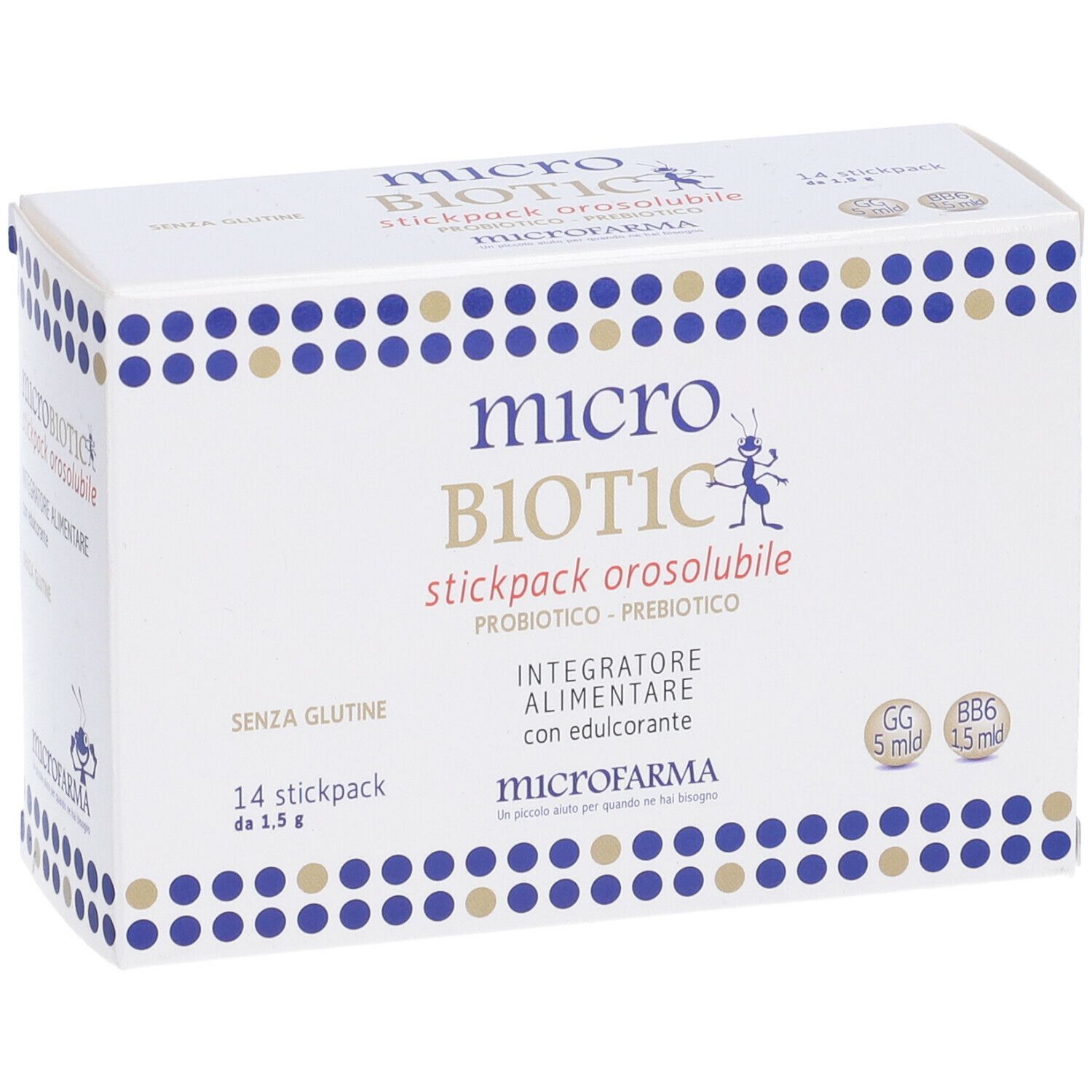 Scatola bianca con logo "microBIOTIC". Contiene 14 stickpack. Scritte: "Probiotico - Prebiotico", "Senza glutine".