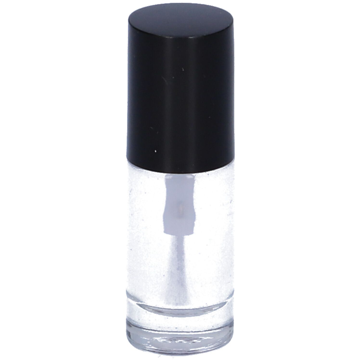 Flacone di smalto trasparente con tappo nero. Scritta Euphidra.