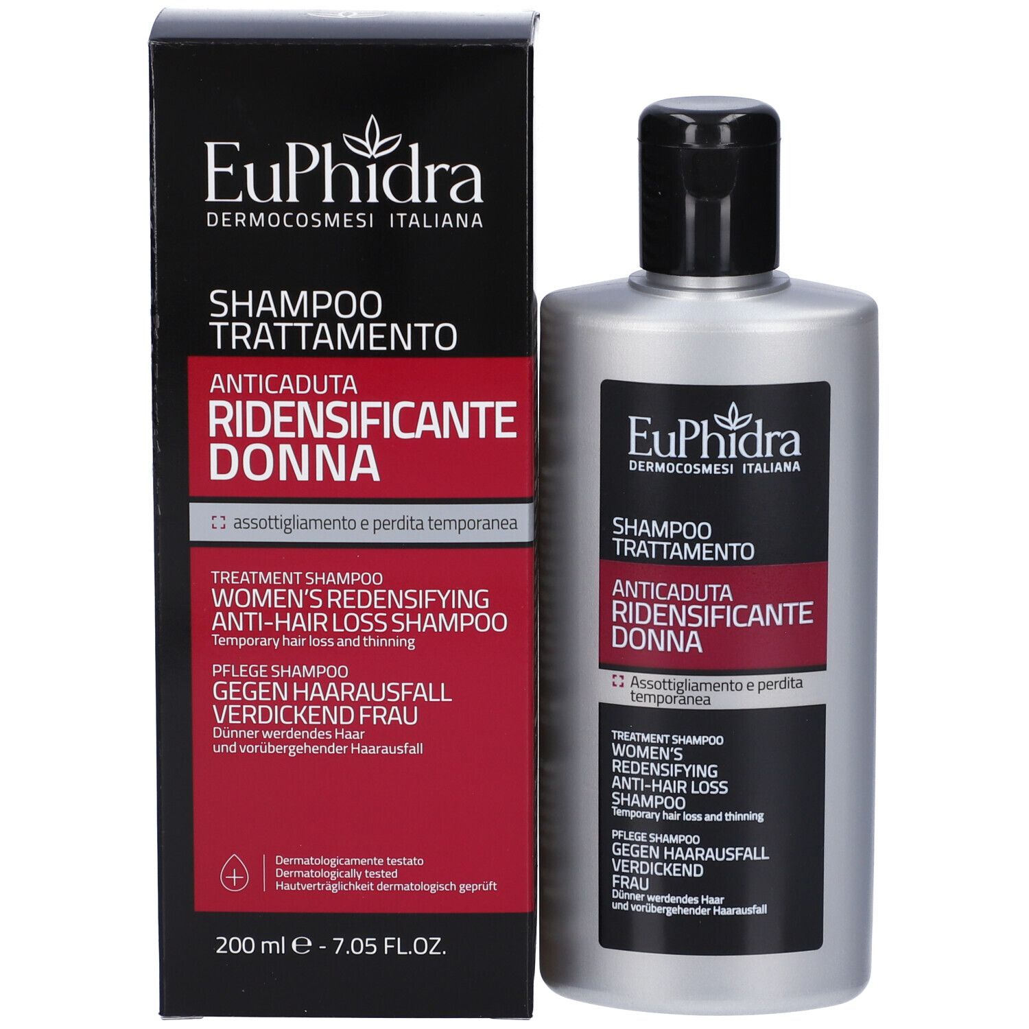 Produktverpackung mit Shampoo-Flasche. Schwarzer Karton mit rotem Akzent. Aufschrift: Euphidra, Shampoo Trattamento.