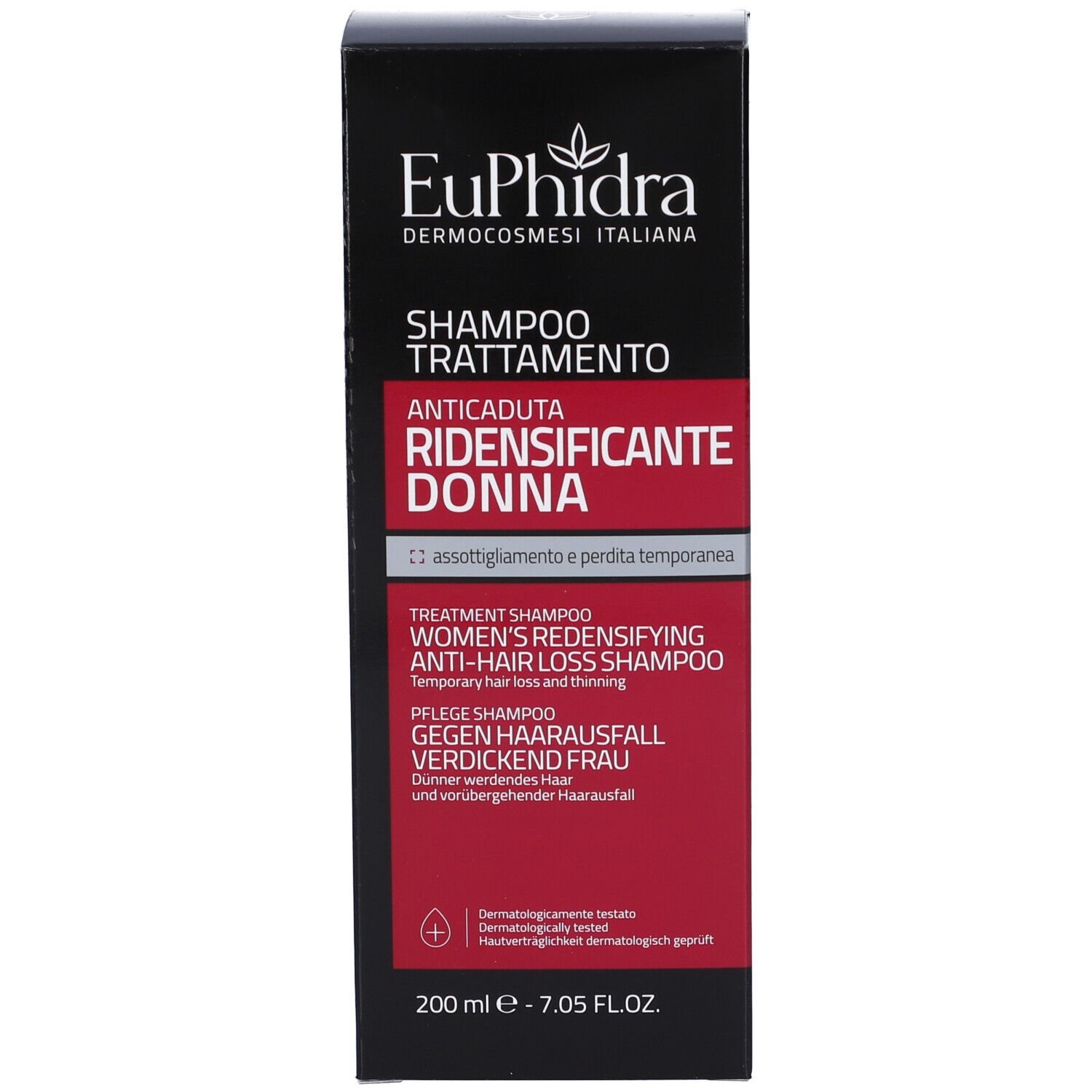 Schwarzer Karton mit rotem Akzent. Aufschrift: Euphidra, Shampoo Trattamento, Anticaduta Ridensificante Donna. 200 ml.