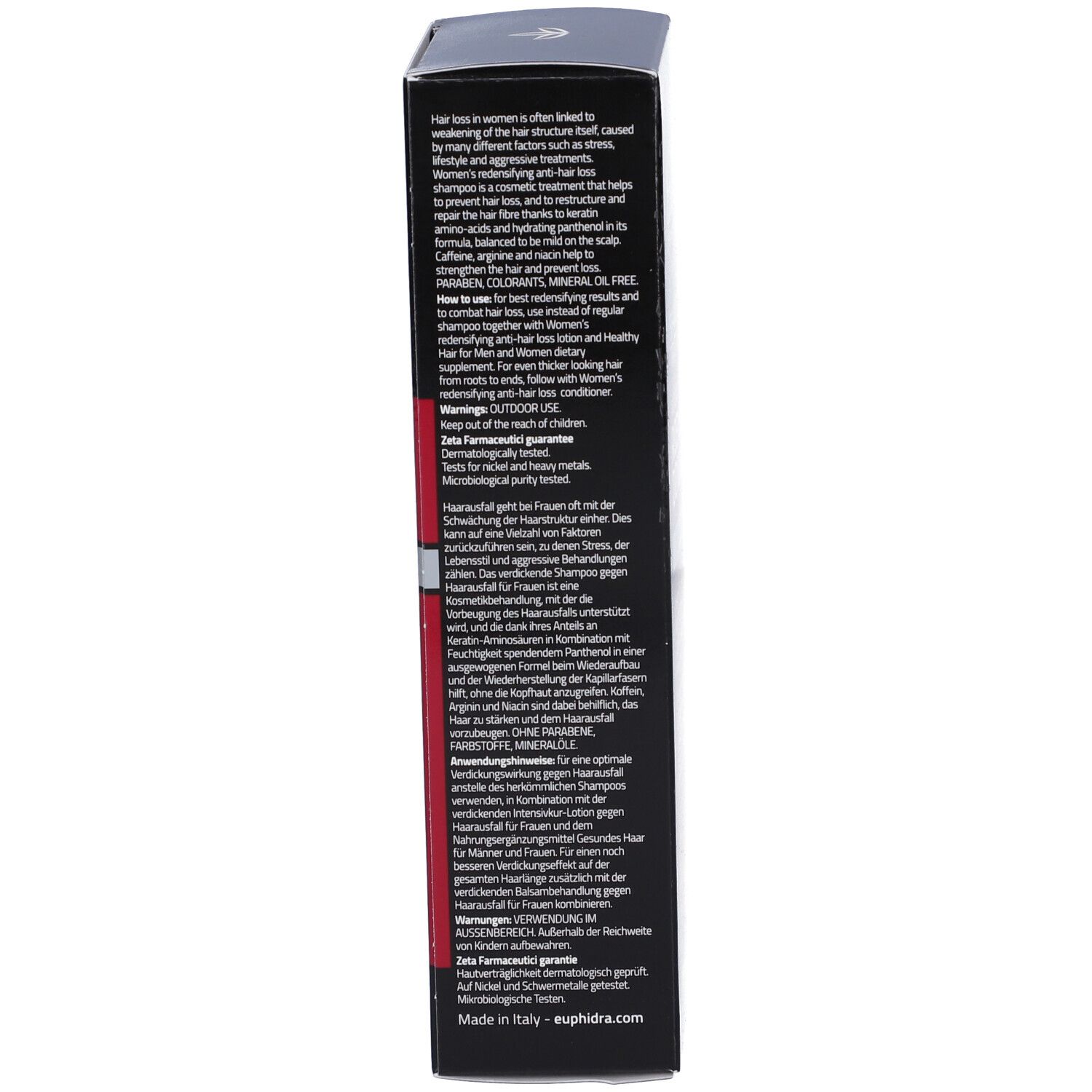 Schwarzer Karton. Text in mehreren Sprachen. Enthält Informationen zu Inhaltsstoffen und Anwendung des Shampoos.
