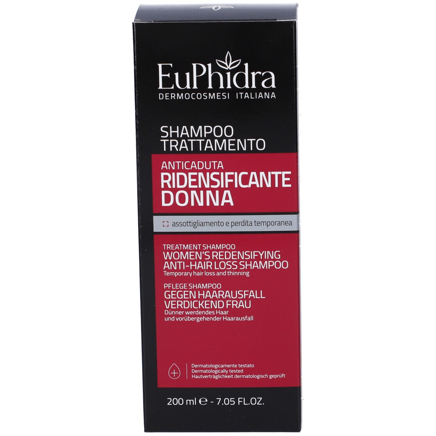 Schwarzer Karton mit rotem Akzent. Aufschrift: Euphidra, Shampoo Trattamento, Anticaduta Ridensificante Donna. 200 ml.
