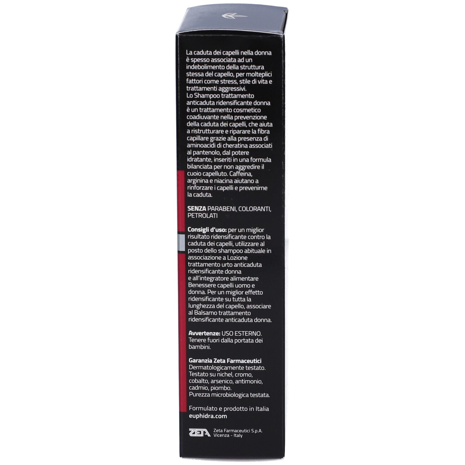 Schwarzer Karton. Text in mehreren Sprachen. Enthält Informationen zu Inhaltsstoffen und Anwendung des Shampoos.