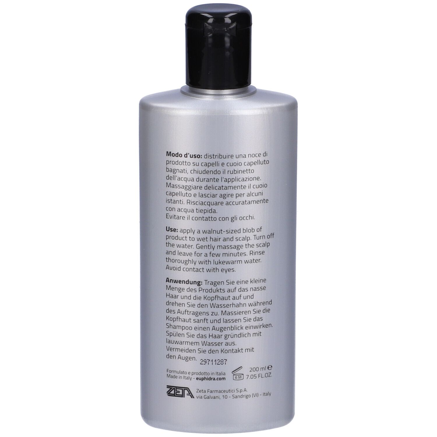 Silberne Flasche mit schwarzem Deckel, 200ml Inhalt, mit Anwendungshinweisen.