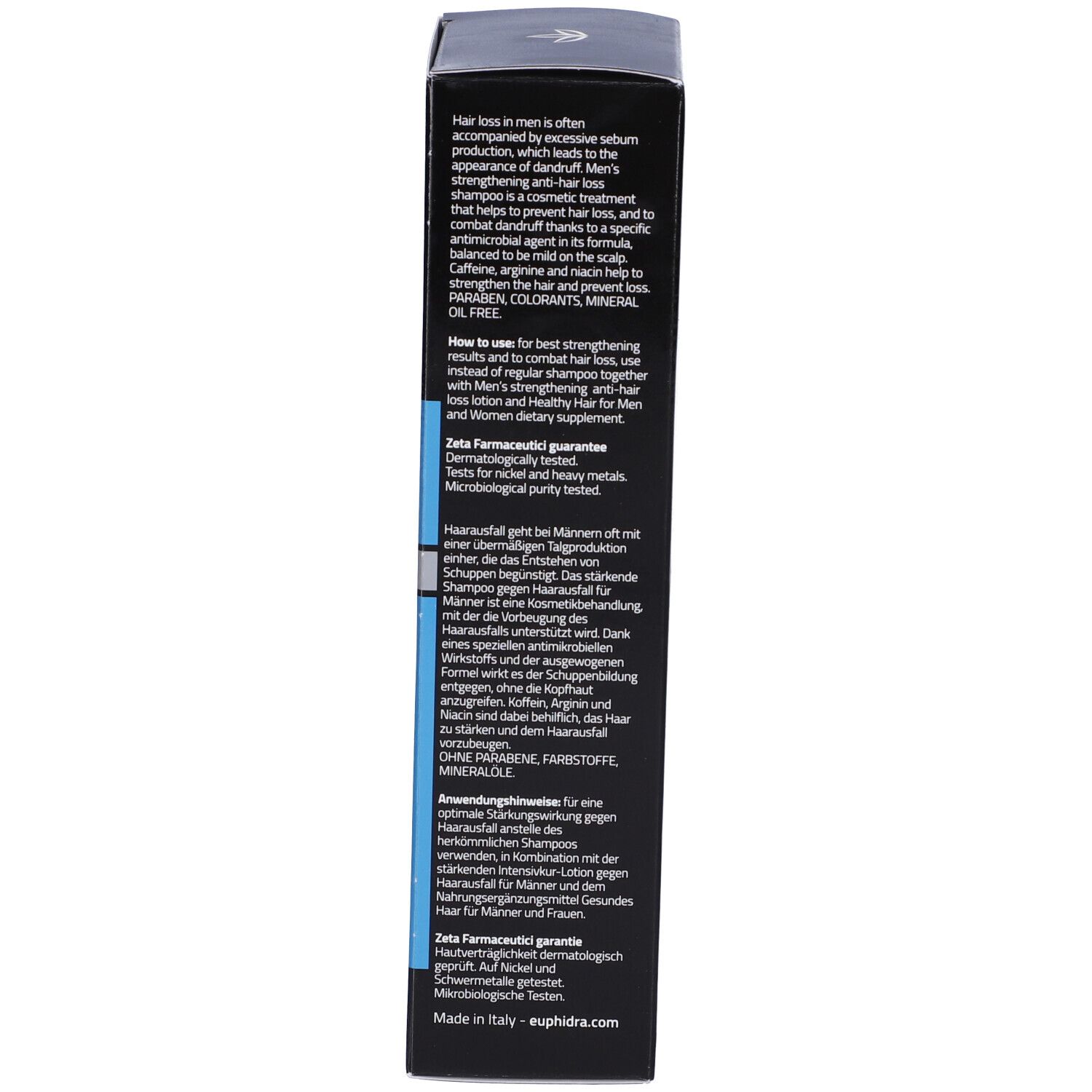 Schwarze Verpackung mit weißen und blauen Textdetails. Enthält Informationen über Haarausfall und Produktgarantien.