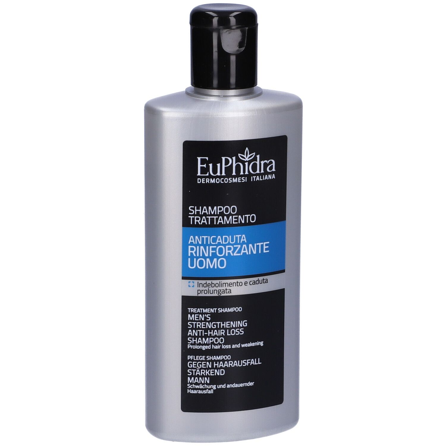 Silberne Flasche mit schwarzem Verschluss, EuPhidra Men's Strengthening Anti-Hair Loss Shampoo.