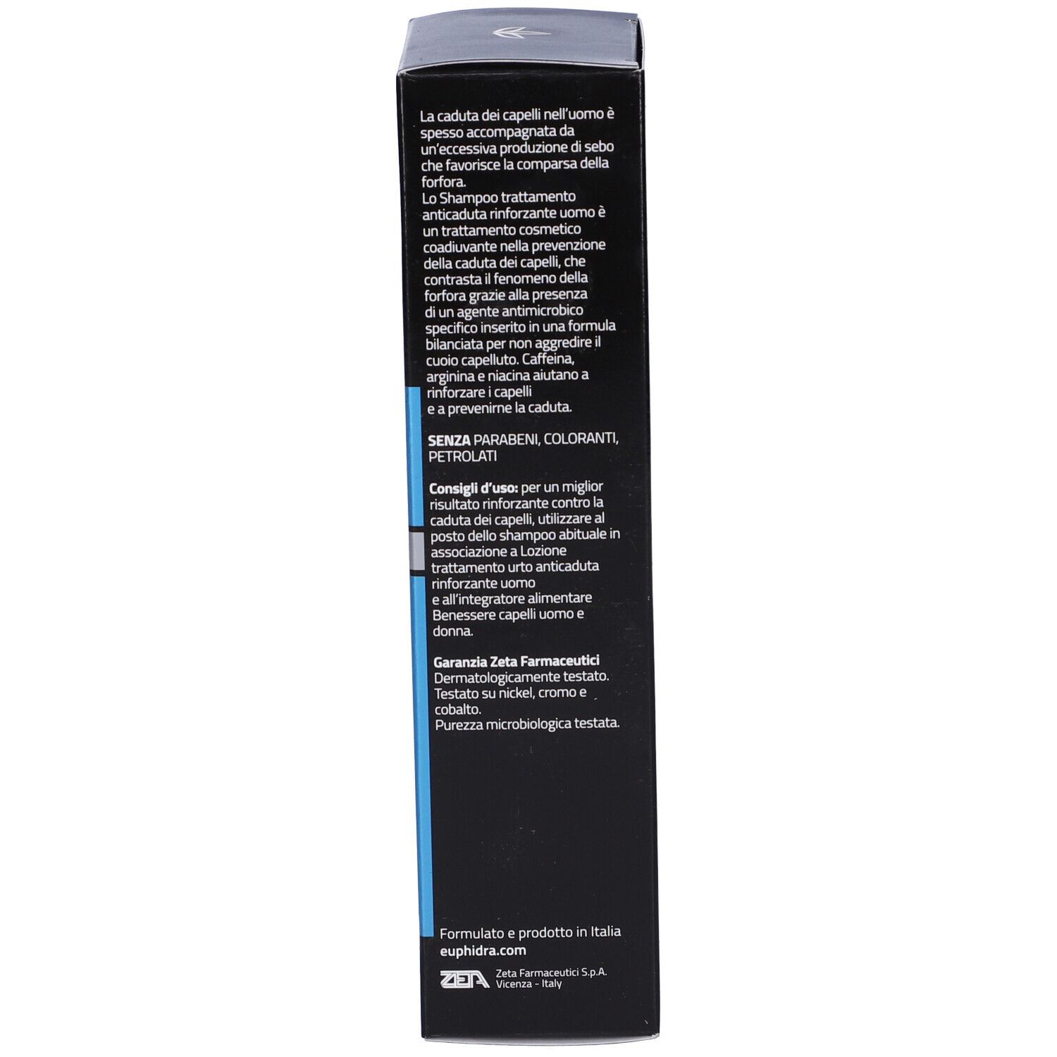 Schwarze Verpackung mit weißen und blauen Textdetails, die Inhaltsstoffe und Anwendungshinweise auflisten.