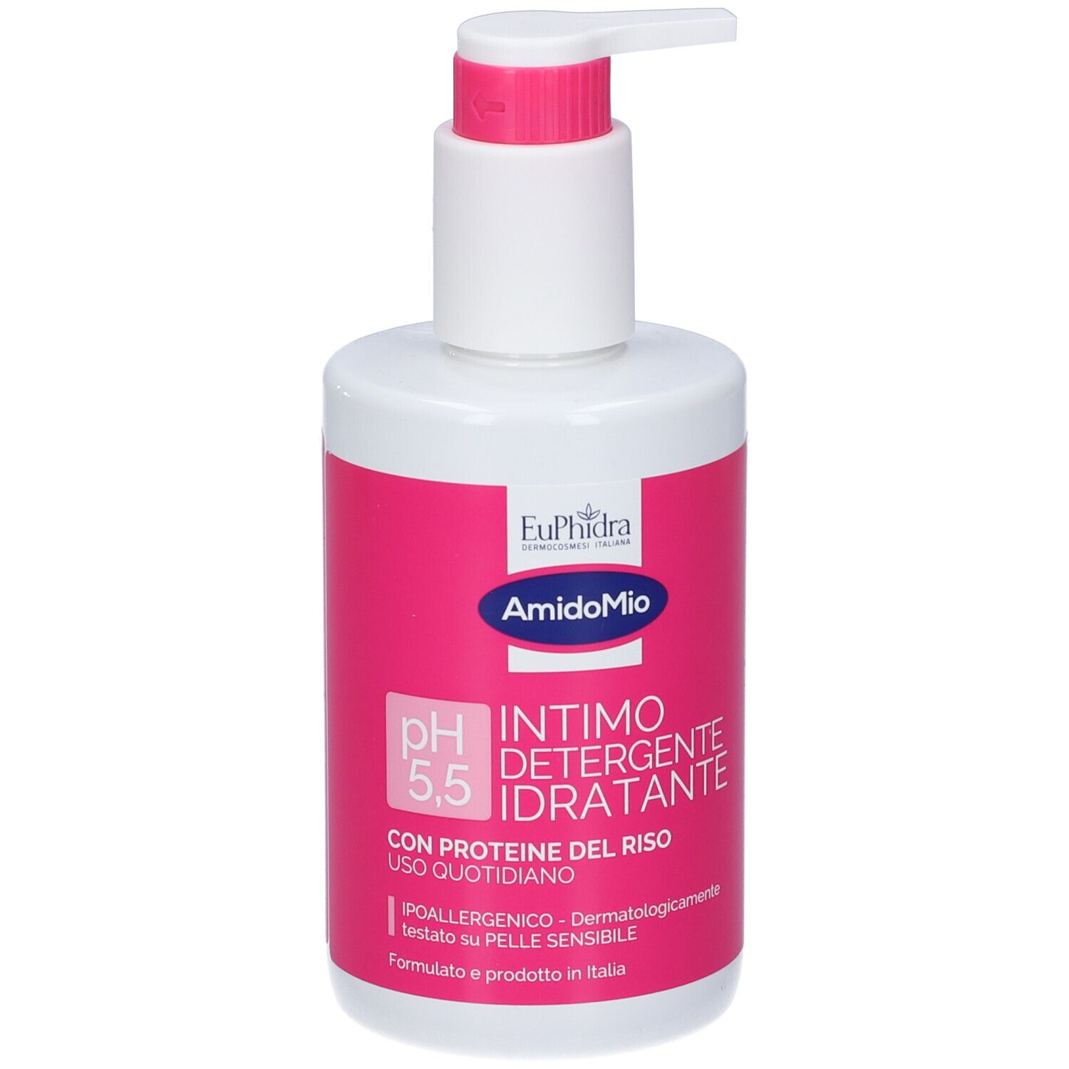 Weiß-rosa Flasche mit Spender. Aufschrift: EuPhidra, AmidoMio, pH 5,5, Intimreiniger. Text in italienischer Sprache.