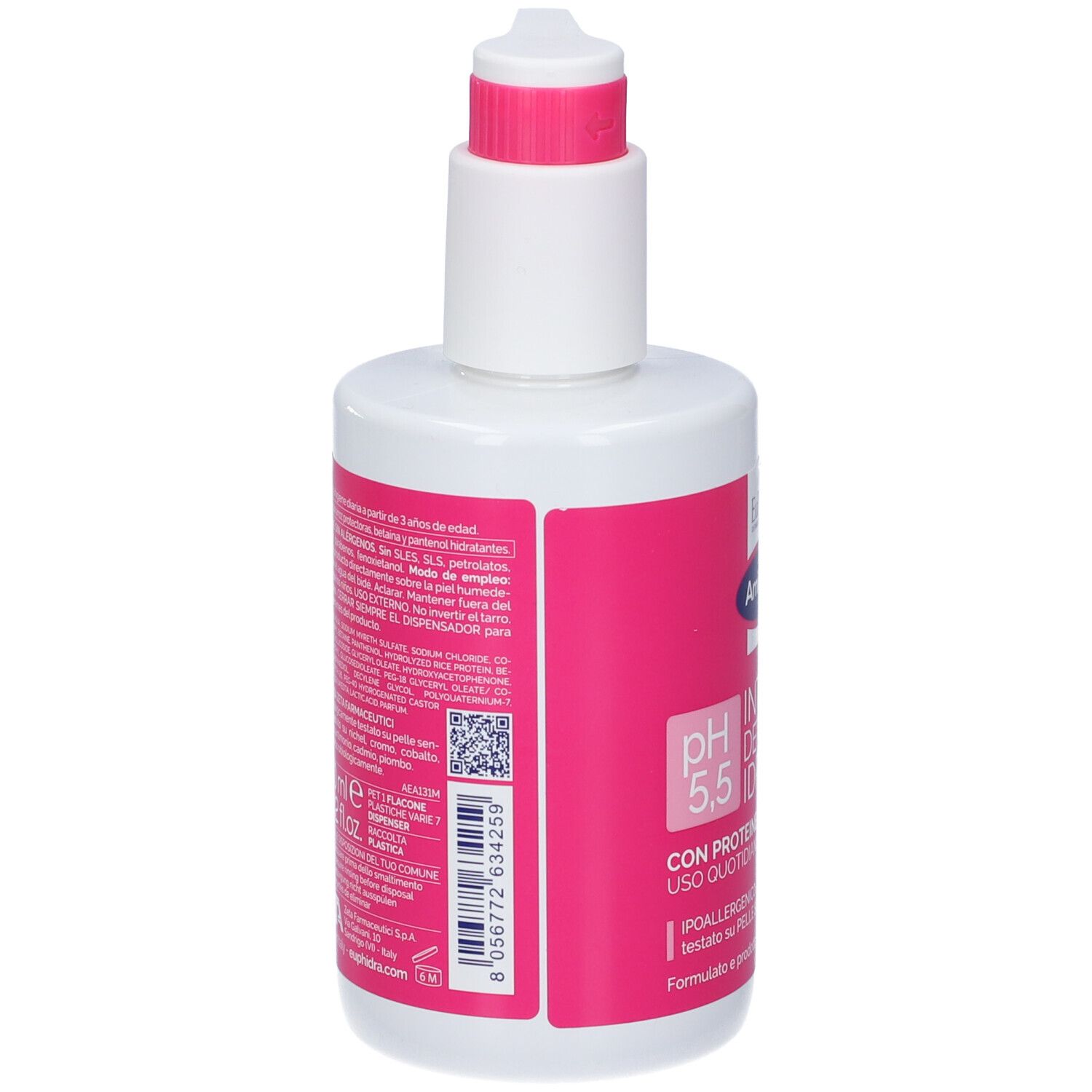 Rückansicht der Flasche. Rosa Etikett mit Text in italienischer Sprache. Barcode und weitere Informationen.