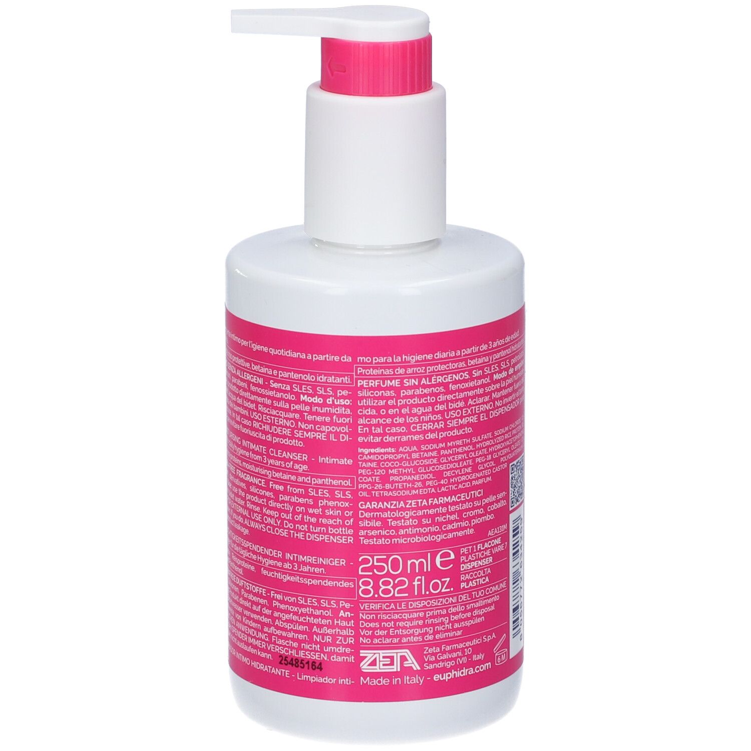 Rückansicht der Flasche. Rosa Etikett mit Text in italienischer Sprache. Volumenangabe: 250 ml.