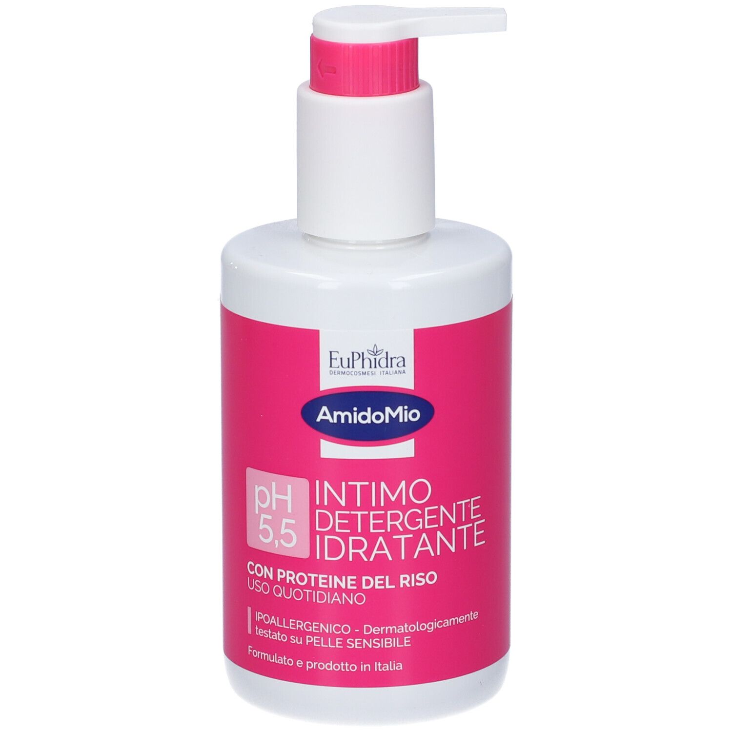 Weiß-rosa Flasche mit Spender. Aufschrift: EuPhidra, AmidoMio, pH 5,5, Intimreiniger. Text in italienischer Sprache.