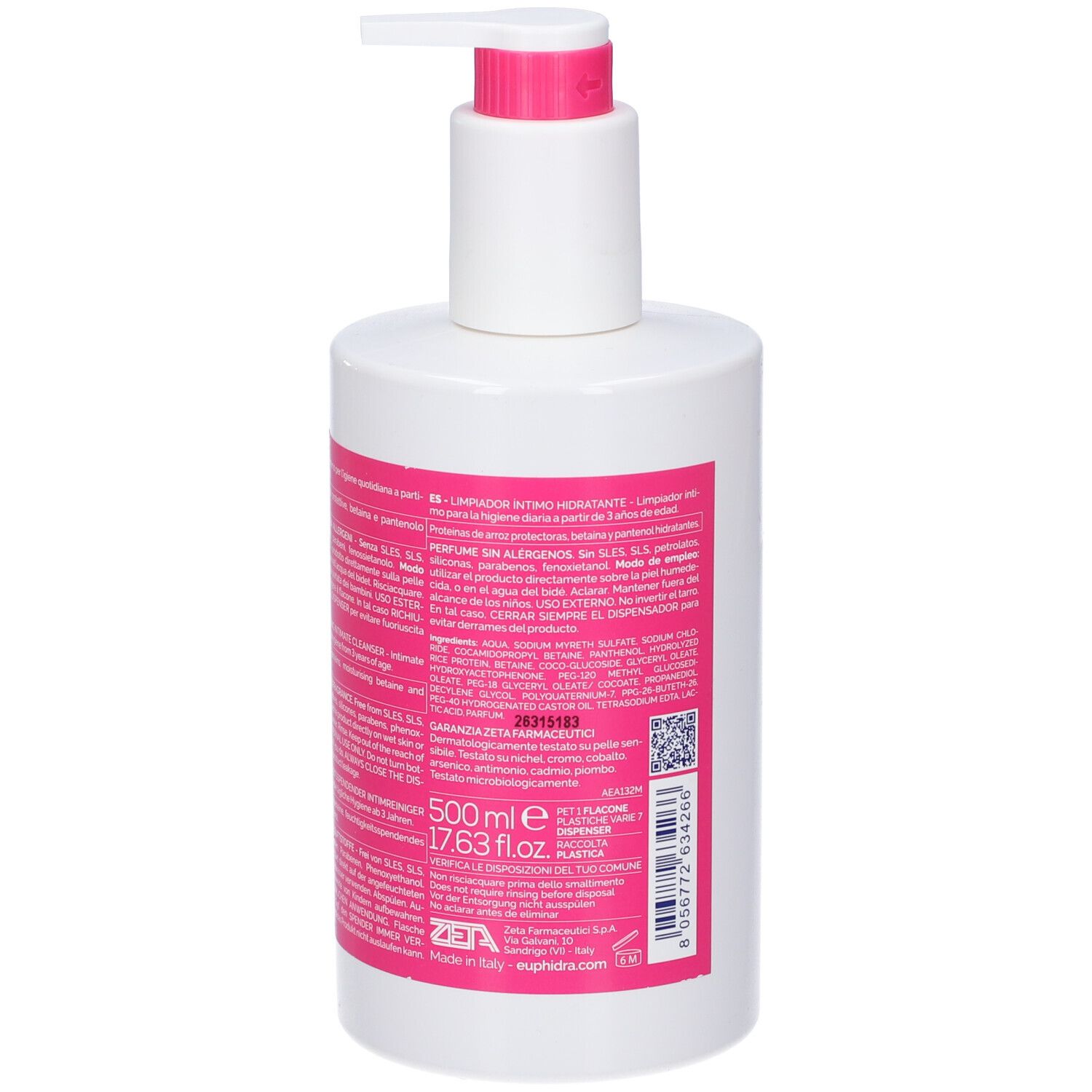 Weiße Flasche mit pinkfarbenem Etikett. Text und Informationen. Mit Spender. Marke EuPhidra.