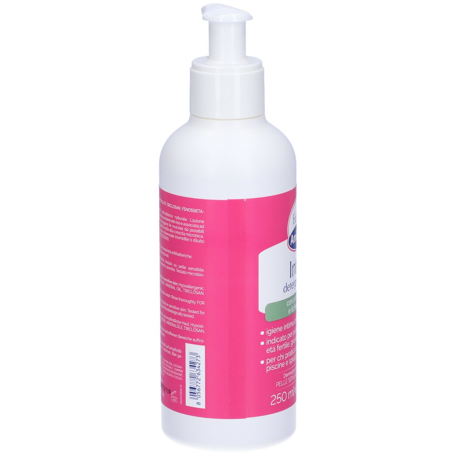 Flacone bianco, etichetta rosa con testo. Retro con testo. Erogatore in alto. 250 ml.
