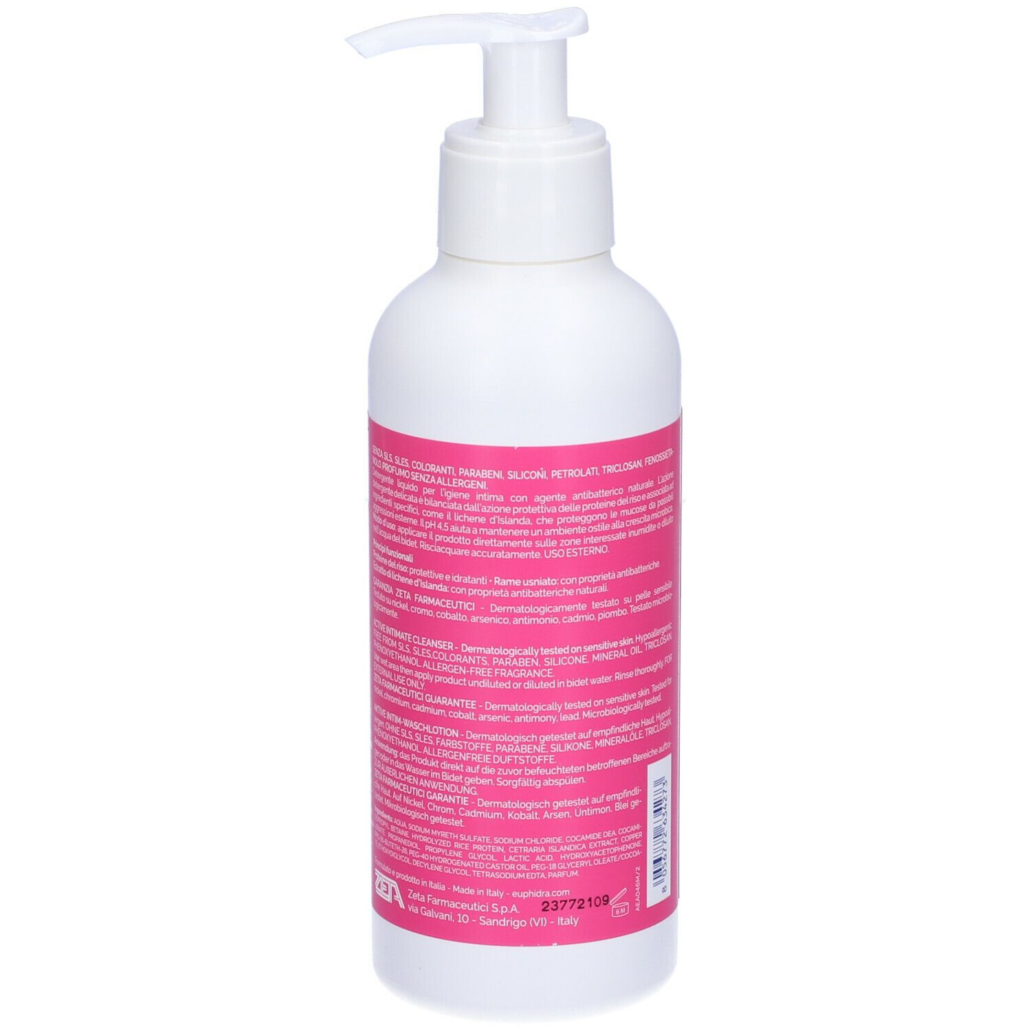 Retro del flacone bianco. Etichetta rosa con testo. 250 ml. Testo: ingredienti, produttore.