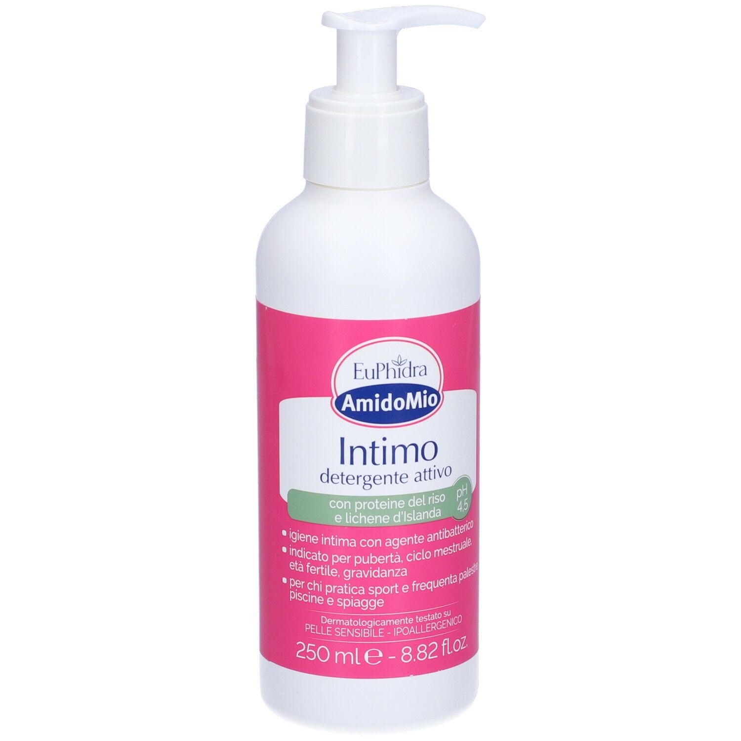 Flacone bianco con etichetta rosa. Testo: Euphidra AmidoMio Intimo Detergente Attivo. Con erogatore. 250 ml.