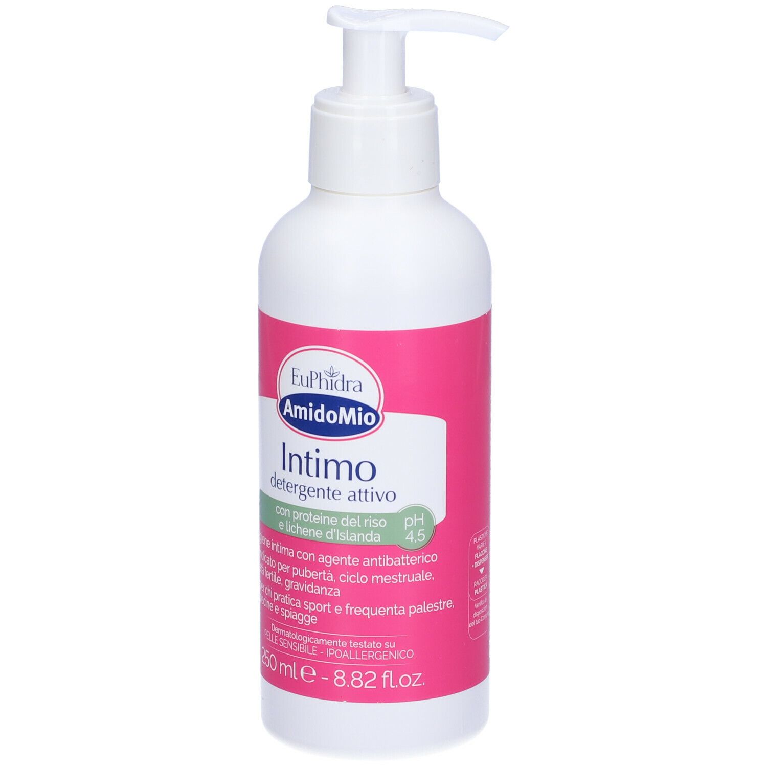 Flacone bianco con etichetta rosa. Testo: Euphidra AmidoMio Intimo Detergente Attivo. Con erogatore. 250 ml.