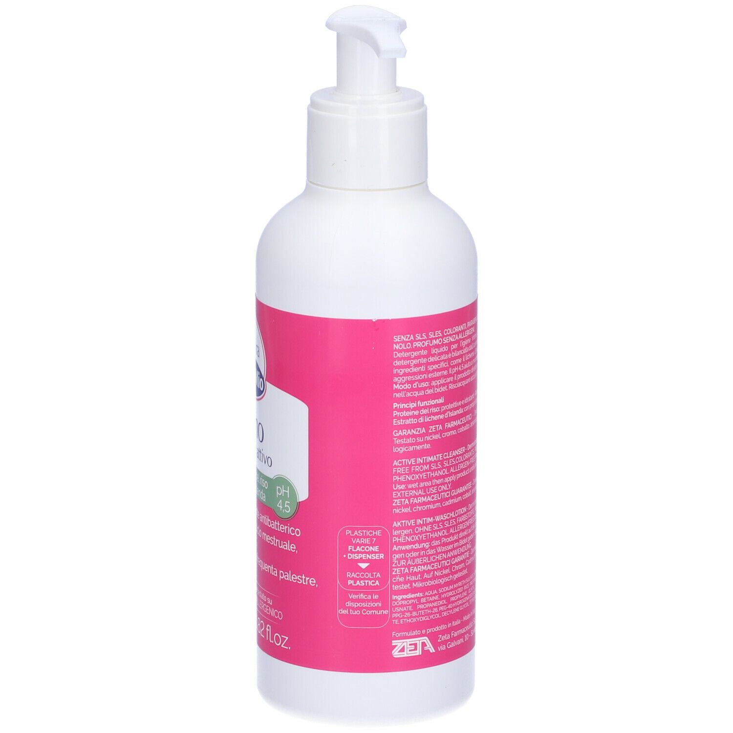 Retro del flacone bianco. Etichetta rosa con testo. 250 ml. Testo: ingredienti, produttore.