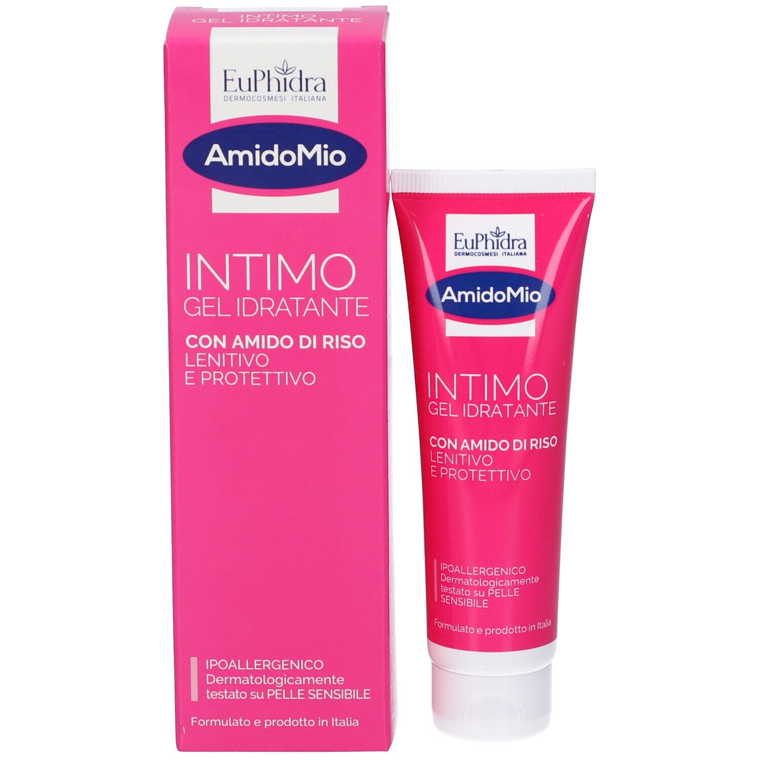 Produktverpackung und Tube. Rosa Schachtel und Tube. Aufschrift: AmidoMio Intimo Gel Idratante. Für empfindliche Haut.