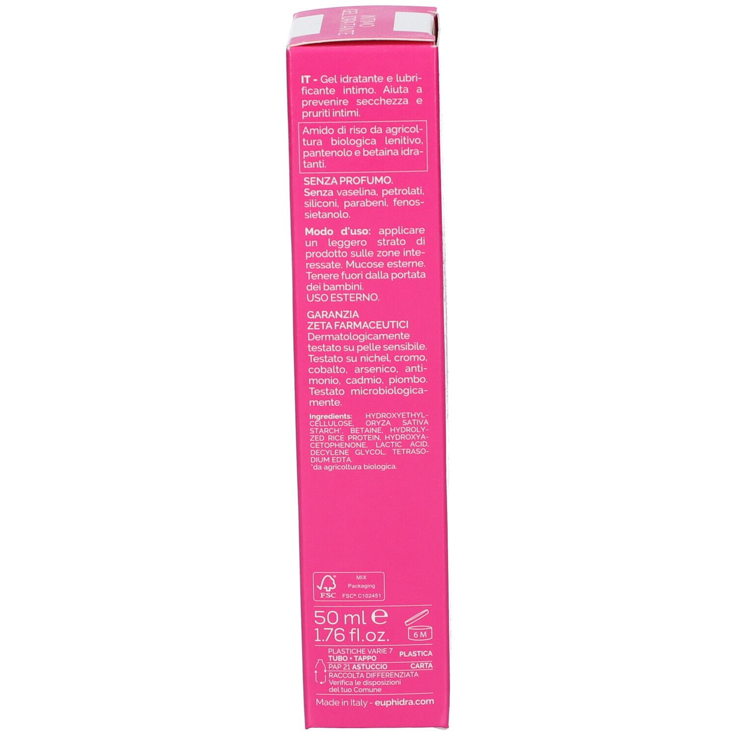 Seite der Produktverpackung. Text in mehreren Sprachen. Enthält Informationen zur Anwendung und Inhaltsstoffe. 50 ml.