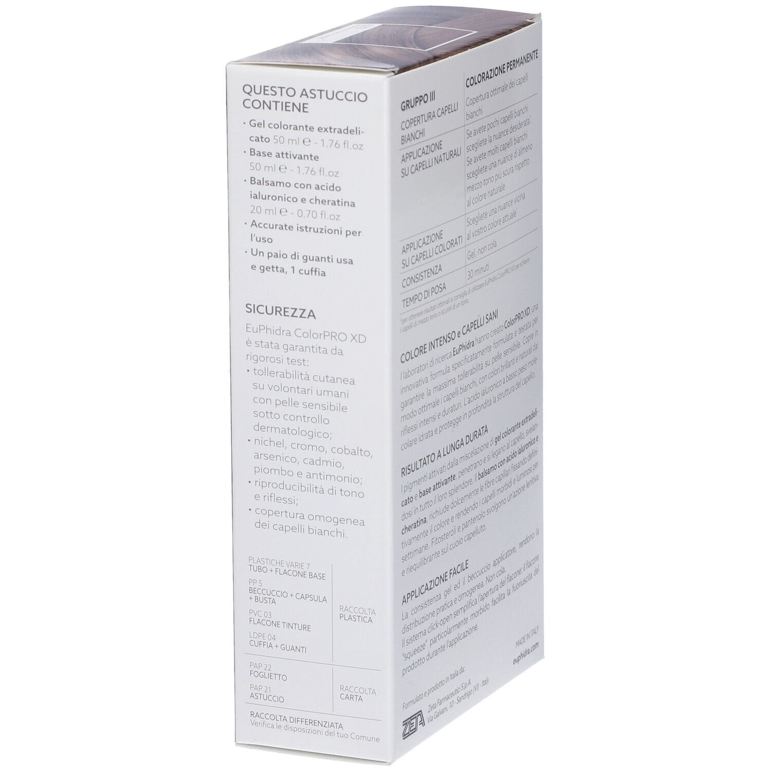 Verpackung für Haarfarbe mit Inhaltsangaben und Anwendungshinweisen.