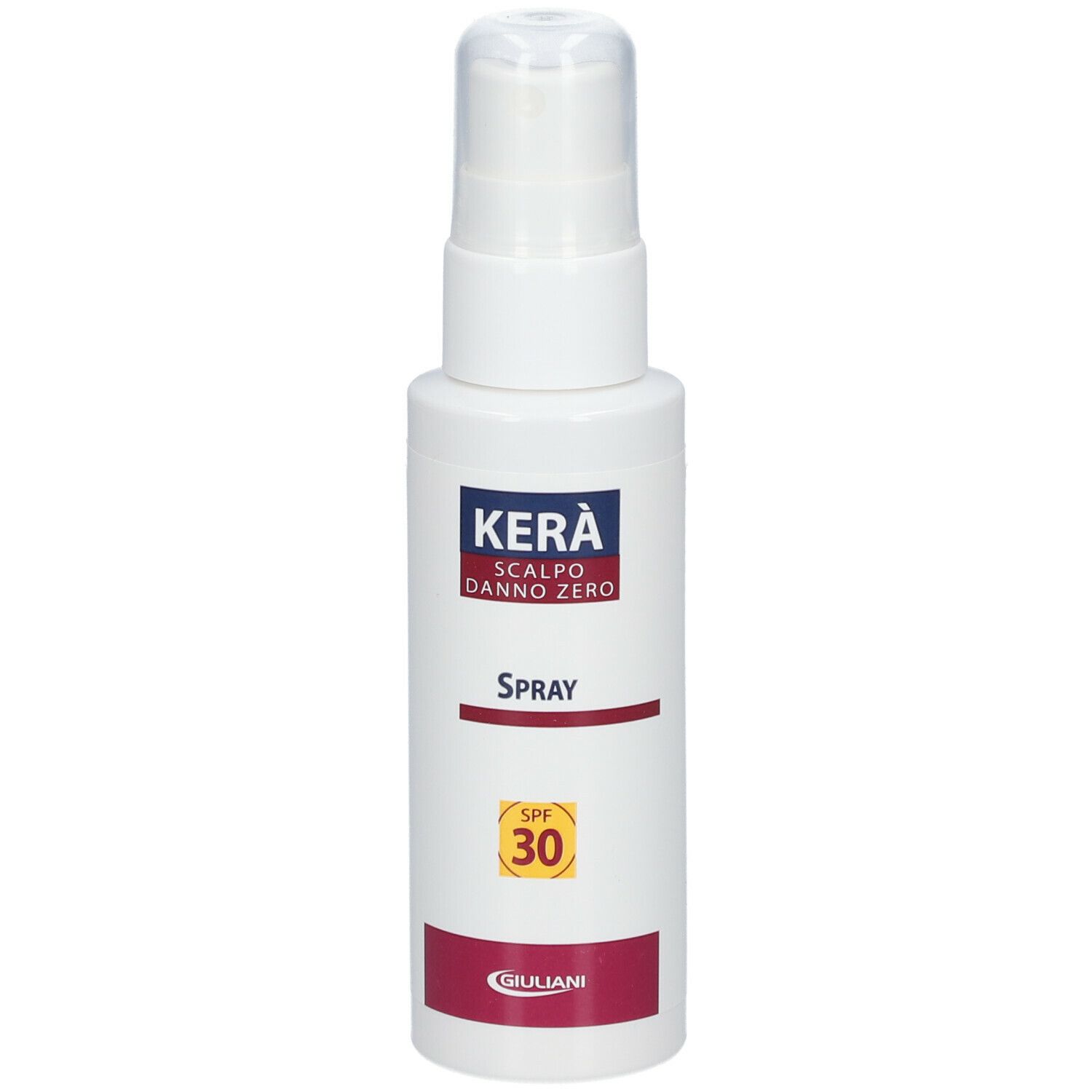 Flacone spray bianco Kera Scalpo Danno Zero, Spray, SPF 30. Logo Giuliani.