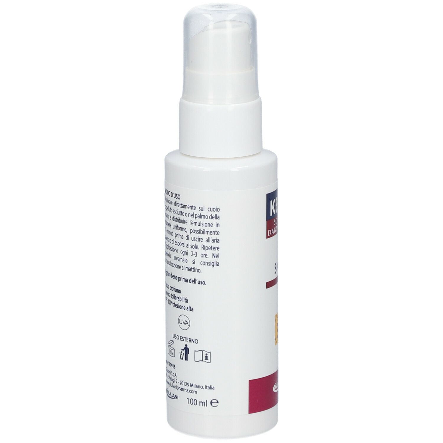 Flacone spray bianco con testo. Contiene informazioni su uso e ingredienti. 100 ml.