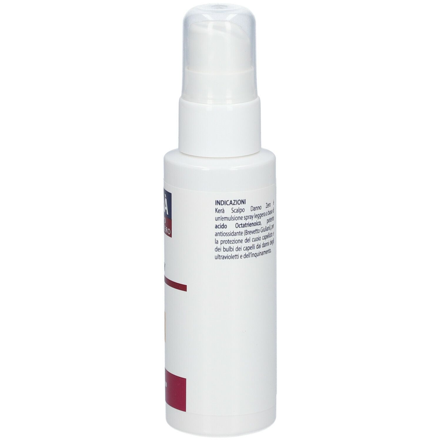 Flacone spray bianco con testo. Contiene informazioni sulle indicazioni. Logo Giuliani.