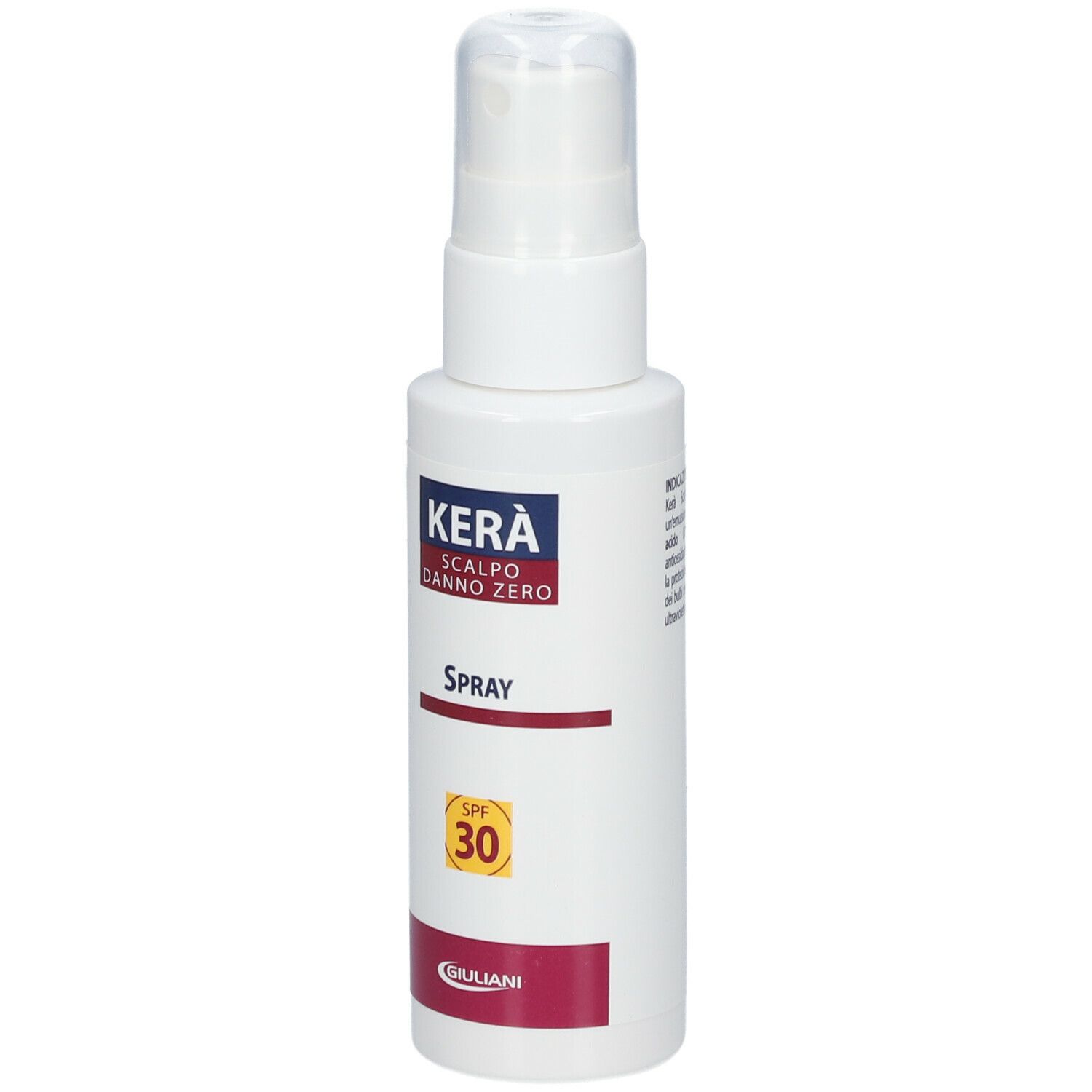 Flacone spray bianco Kera Scalpo Danno Zero, Spray, SPF 30. Logo Giuliani.