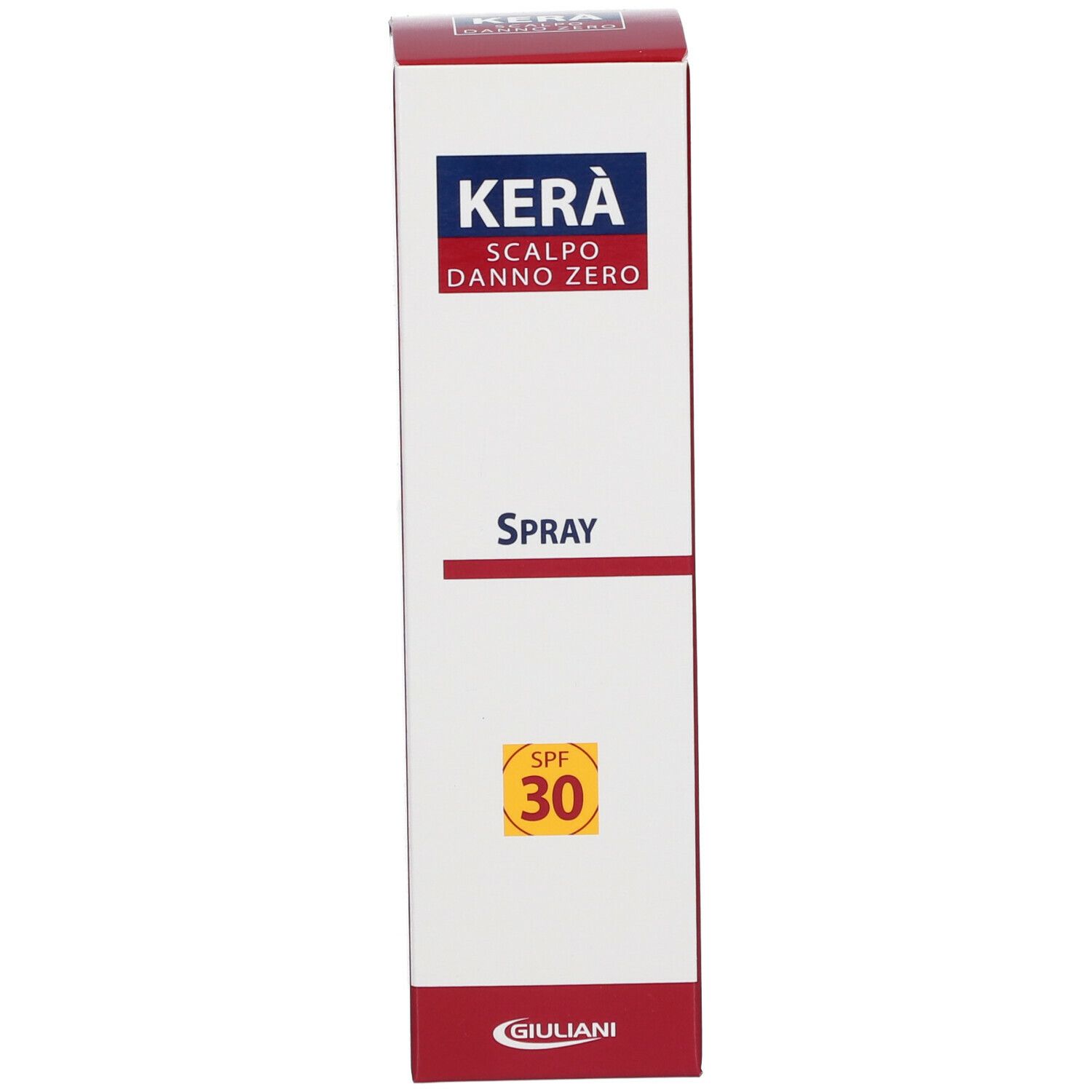 Scatola Kera Scalpo Danno Zero, Spray, SPF 30. Colori rosso e bianco.