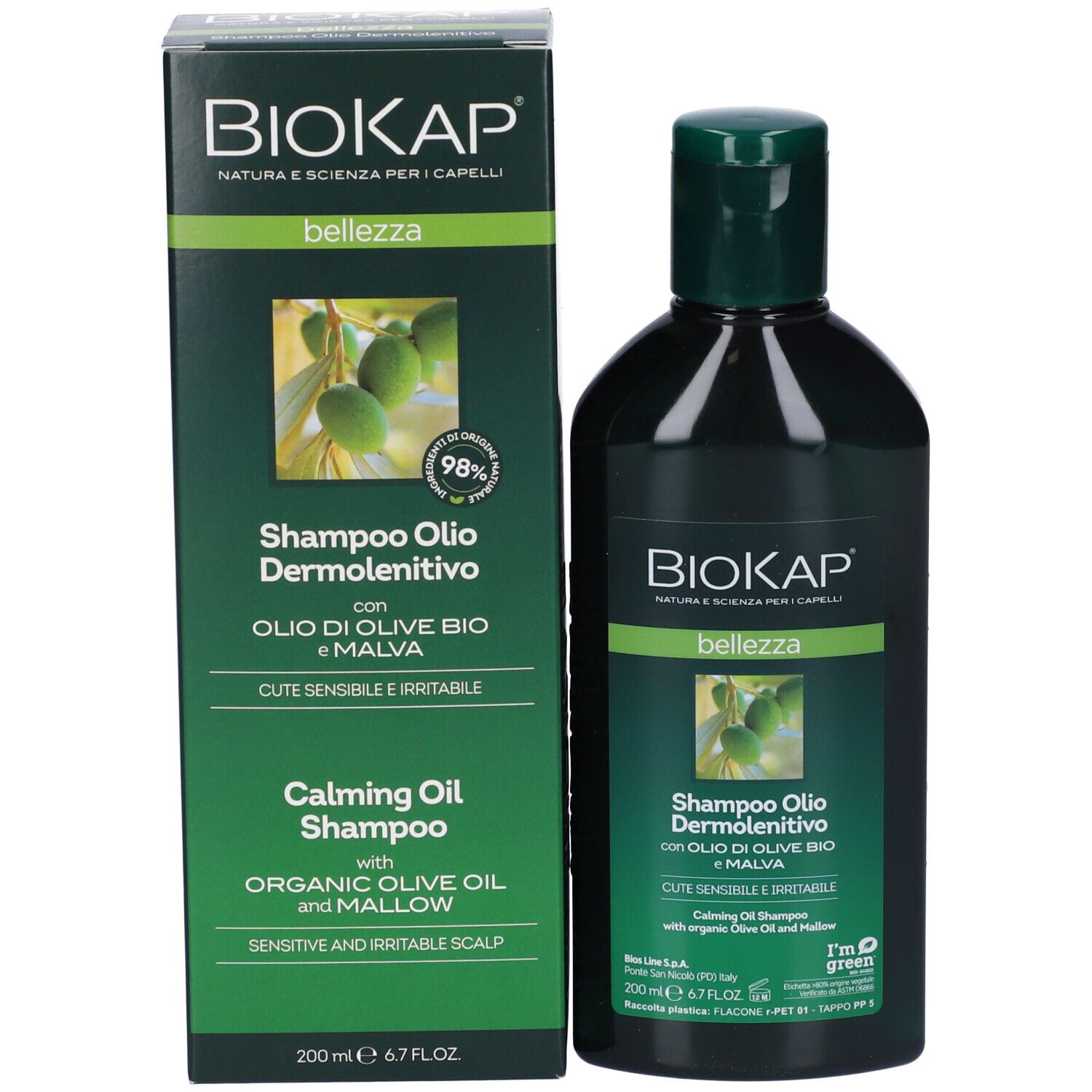 BioKap Shampoo Olio Dermolenitivo Flasche und Karton mit Olivenöl und Malve für empfindliche Kopfhaut.