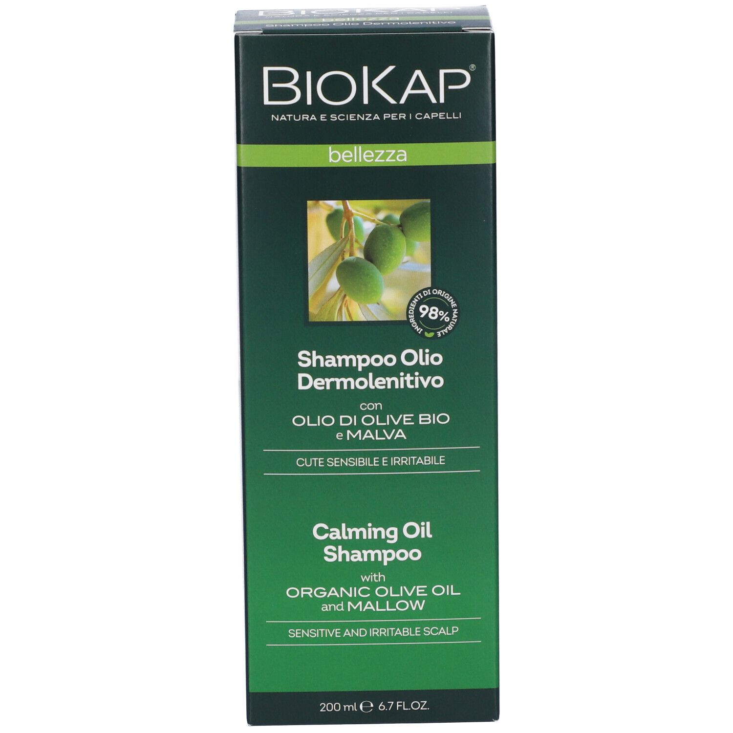 Biokap Calming Oil Shampoo Flasche mit Olivenöl und Malve, 200ml.