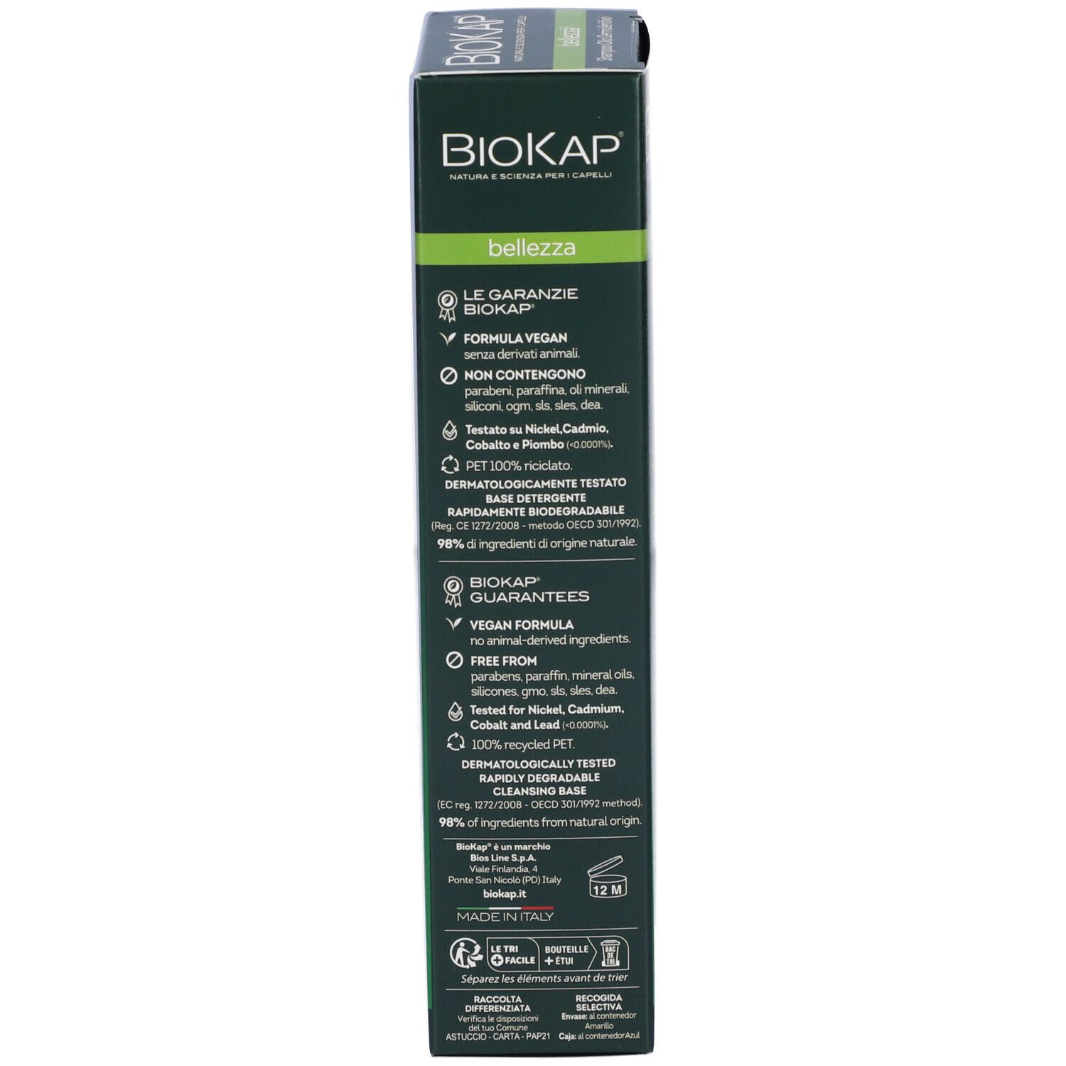 BioKap Verpackung mit Informationen zu veganer Formel, dermatologisch getestet und 98% natürlichen Inhaltsstoffen.