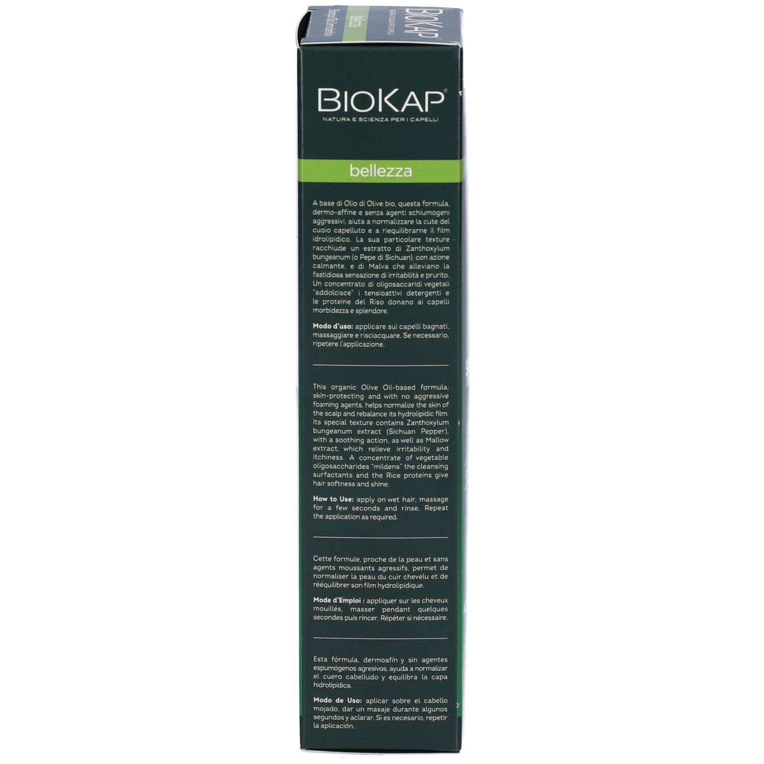 BIOKAP Haarpflege-Verpackung mit Textinformationen auf Italienisch, Englisch und Französisch.