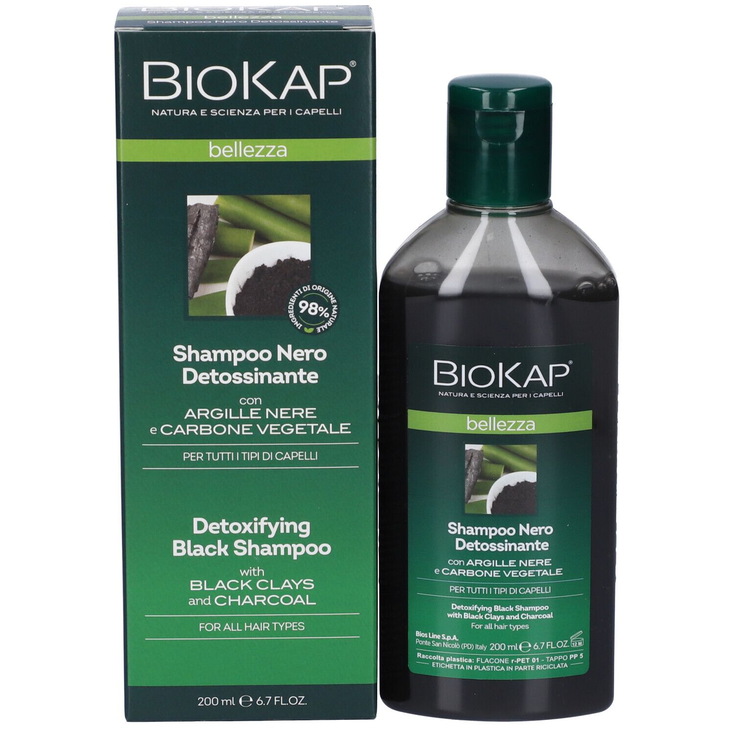 BioKap Detoxifying Black Shampoo Flasche und Karton mit Bambus und schwarzer Tonerde.