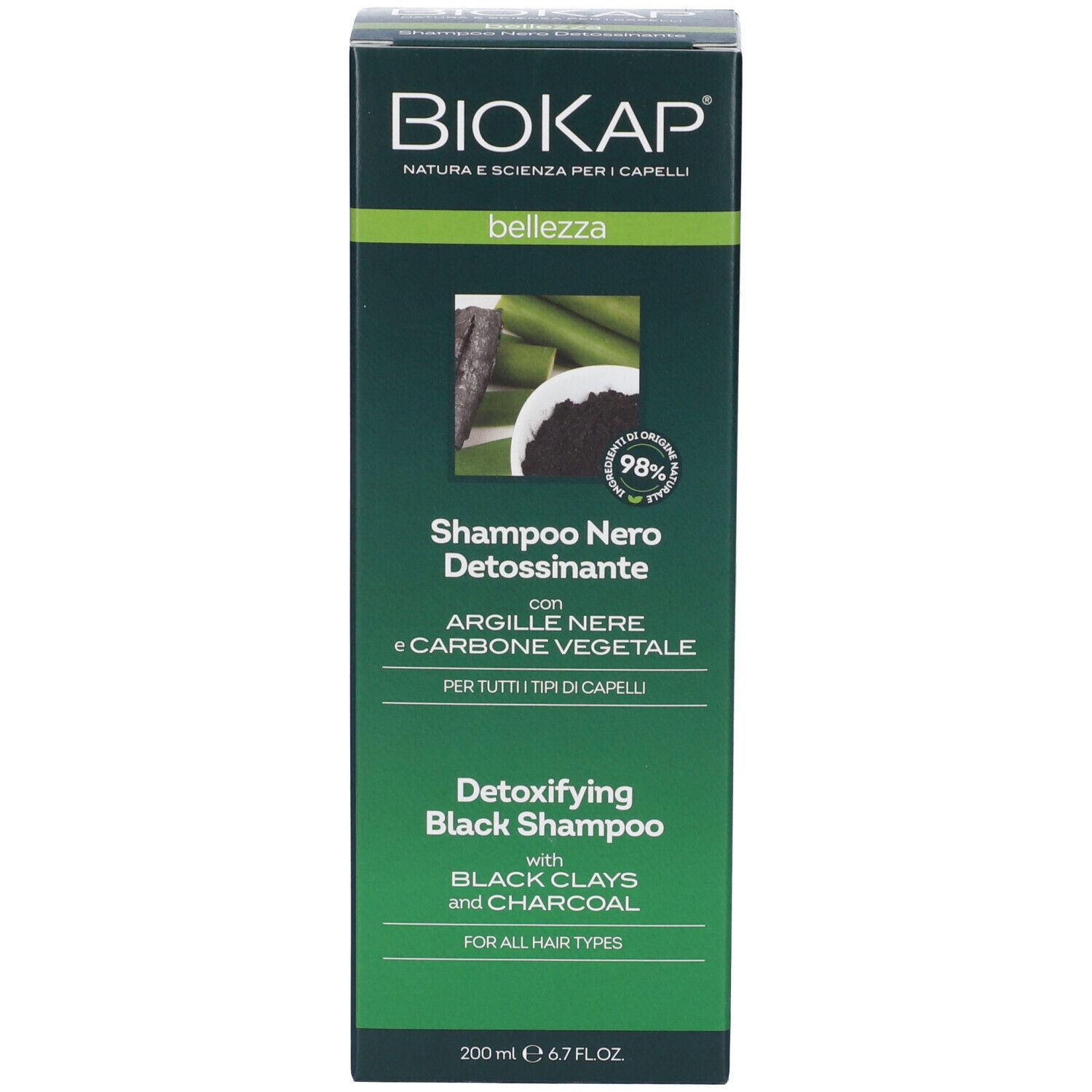 Biokap Detoxifying Black Shampoo mit schwarzen Tonen und Holzkohle, 200 ml.