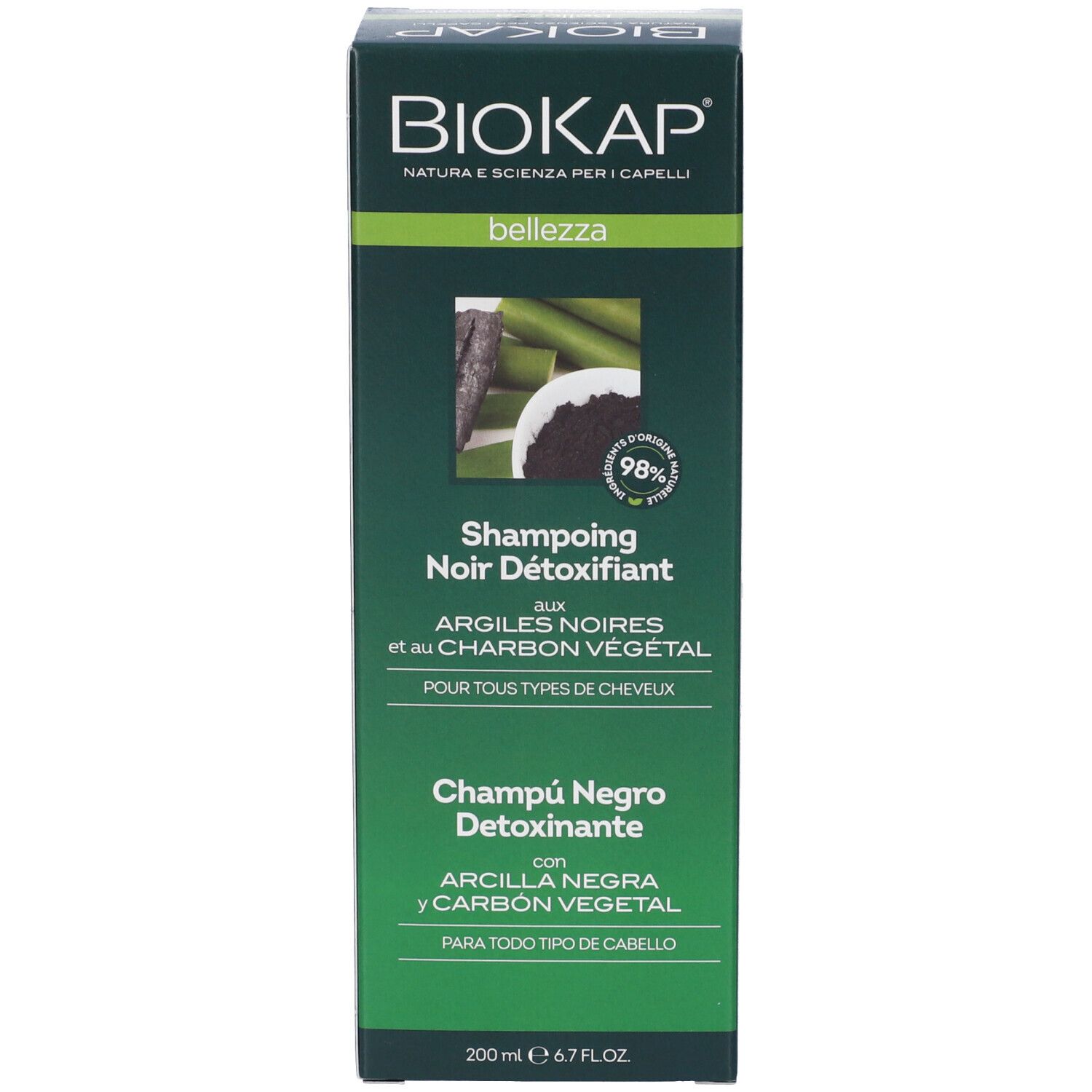 BIOKAP Shampoo Noir Detoxifiant mit schwarzen Tonen und pflanzlicher Kohle. 200 ml.