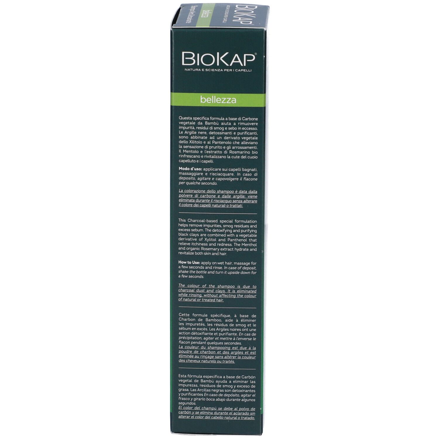 Biokap Charcoal Shampoo Box mit Text in mehreren Sprachen.