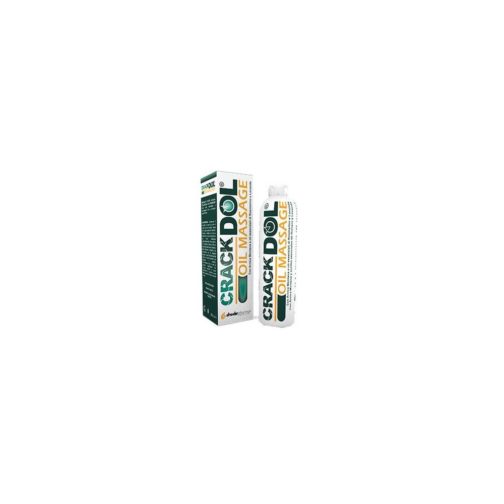 Flacone e scatola Crackdol Oil Massage. Design verde e bianco. Flacone con tappo bianco.