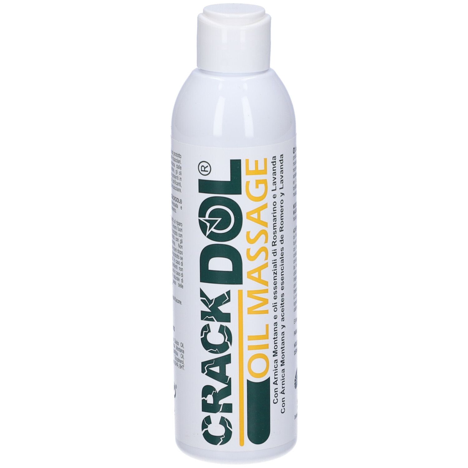 Flacone bianco, tappo bianco. Scritta Crackdol Oil Massage. Design verde-giallo. Testo: Arnica, rosmarino, lavanda.